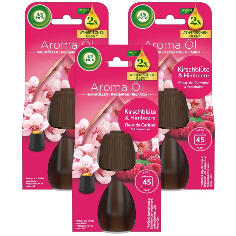 Air Wick Raumduft-Nachfüllflasche Aroma-Öl Nachfüller Kirschblüte & Himbeere, 3 x 20 ml für Diffuser (3-St)