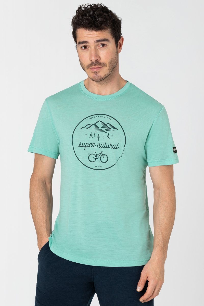 SUPER.NATURAL T-Shirt Merino T-Shirt M TRAILS TEE lässiger Print, Merino-Materialmix Wasabi/Deep Jungle