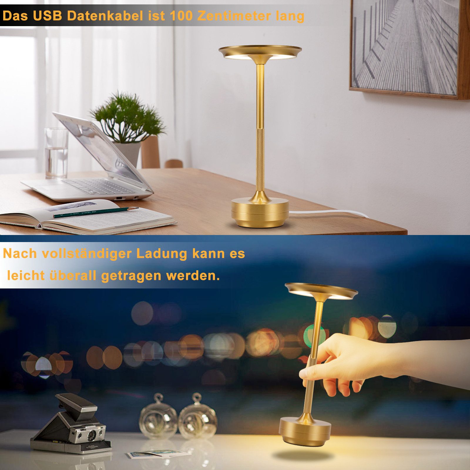 ZMH LED Tischleuchte kabellose Akku-Nachttischlampe, Dimmbar, Touch-Steuerung, 3 Lichtfarben, USB-C-aufladbar, LED fest integriert, Warmweiß, Neutralweiß, Kaltw – Bild 5 von 5