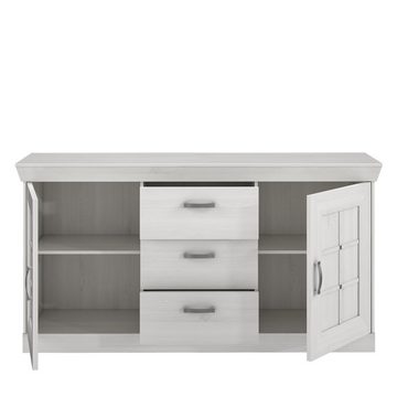 möbelando Sideboard Sideboard "Kalamaria I", Sideboard im modernen Landhausstil aus Spanplatte in Schneeeiche Nachbildung mit 2 Holztüren, 3 Schubkästen und 2 Einlegeböden. Breite 174,3 cm, Höhe 90,8 cm, Tiefe 47 cm