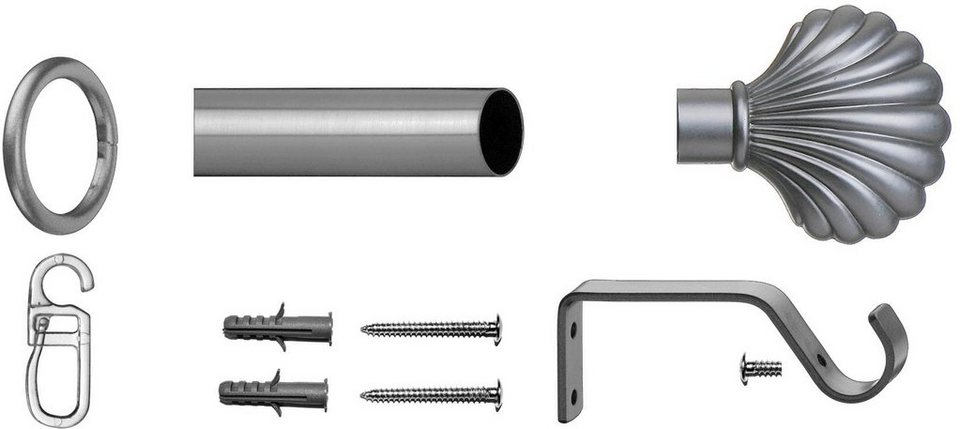 mm, Ø Ringen inkl. 16 verschraubt, und Komplett-Set Volterra, Stahl, Montagematerial 1-läufig, indeko, Fixmaß, Gardinenstange