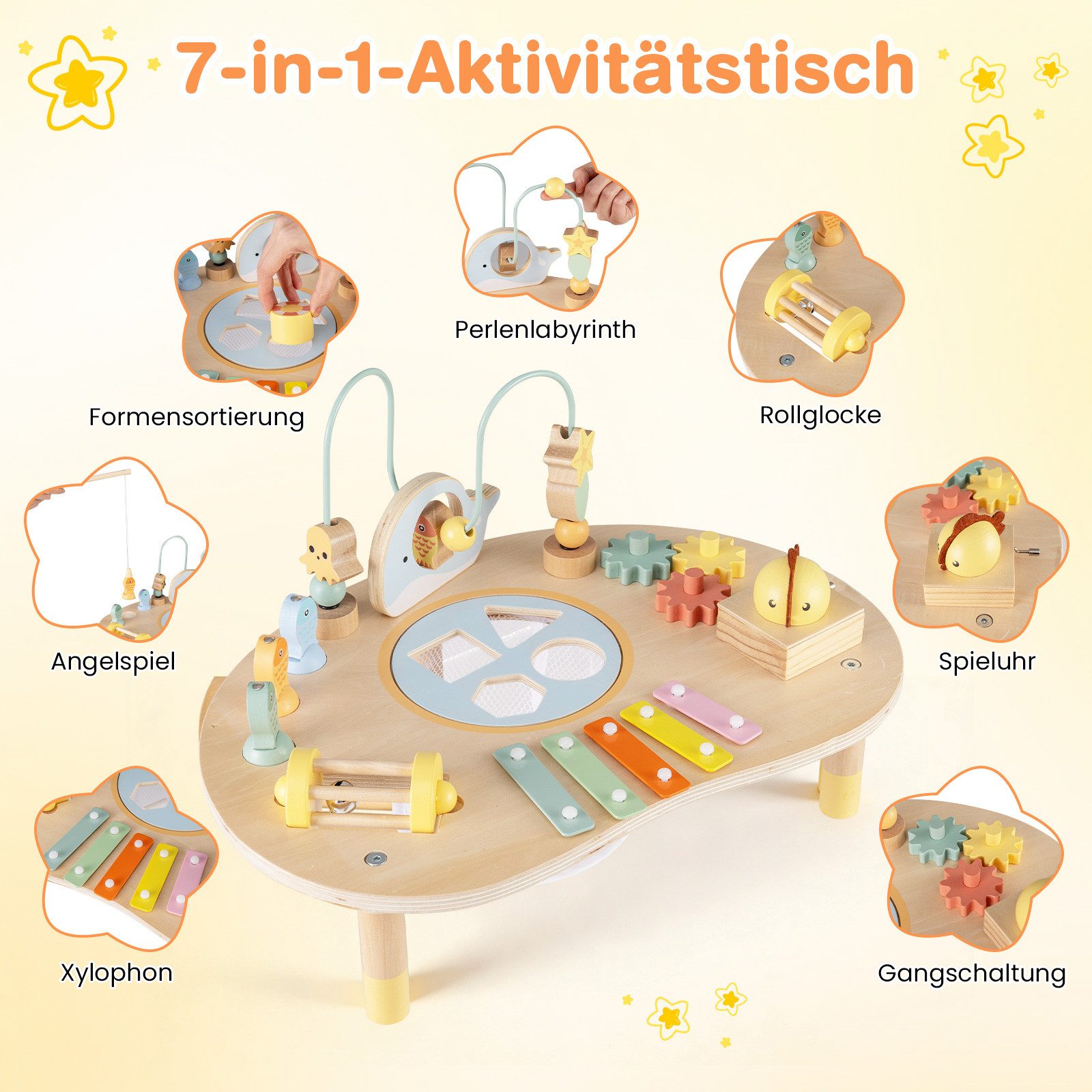 COSTWAY Lernspielzeug, 7-in-1 Aktivitätstisch, Montessori Sinnes-Spielzeug