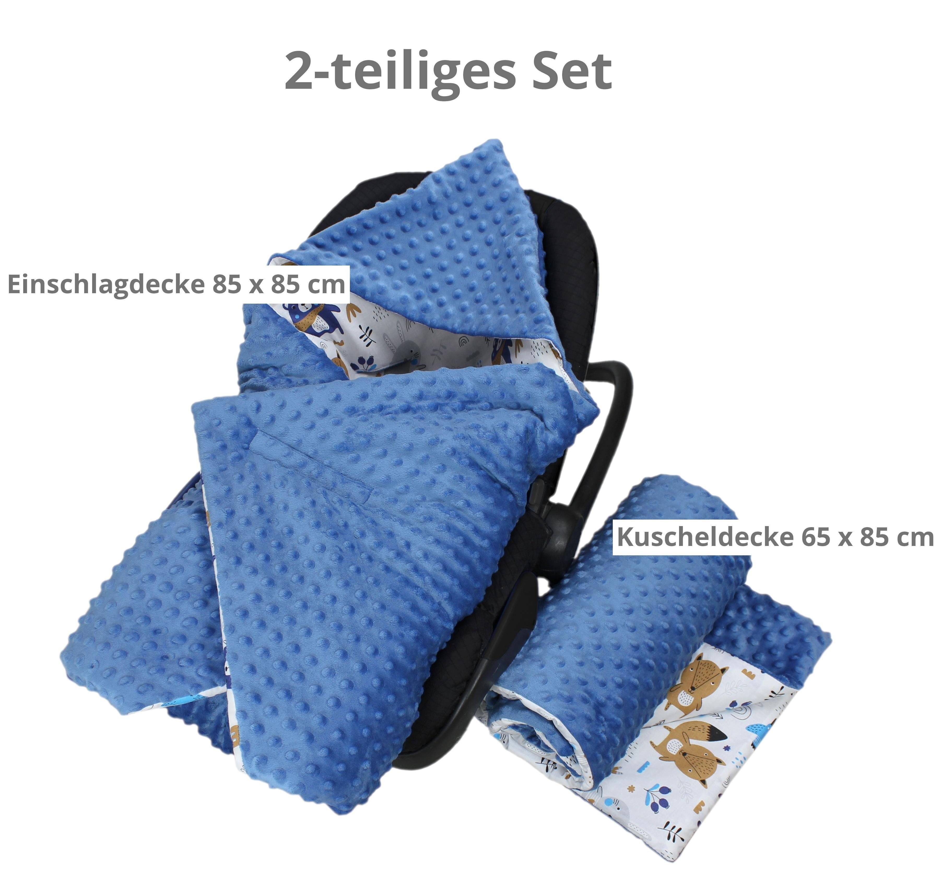 Decke Minky, Autositz / Einschlagdecke für 2er Jeansblau Einschlagdecke Babyschale Baby 85x85 Bärchen TupTam SET