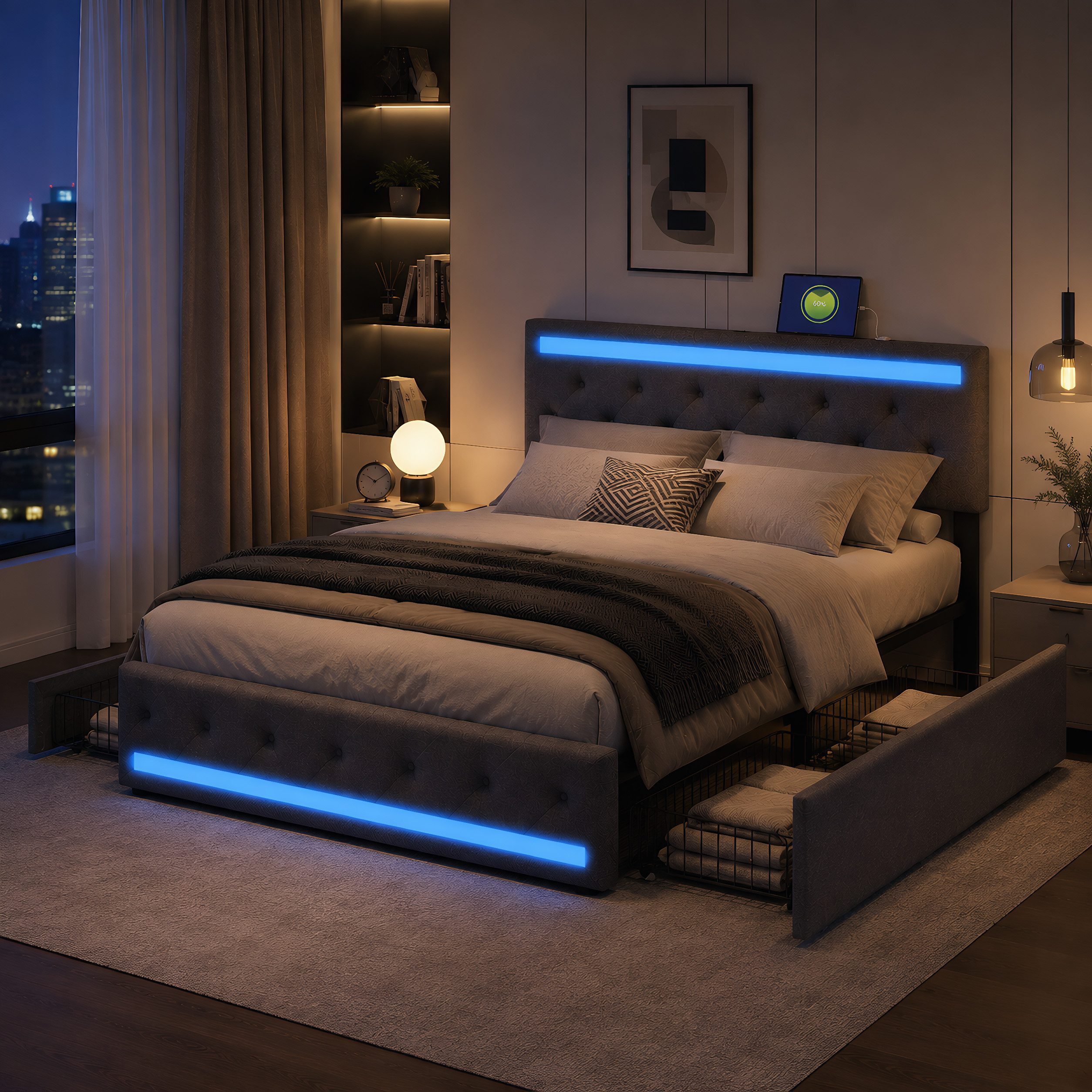 Simurq Polsterbett 140x200 cm Stauraumbett mit 4 Schubladen, LED und USB Port (Packung, 1-tlg., Leinenmaterial Doppelbett Mit Kopfteil und Lattenrost), Schubladenbett für Jungen und Mädchen
