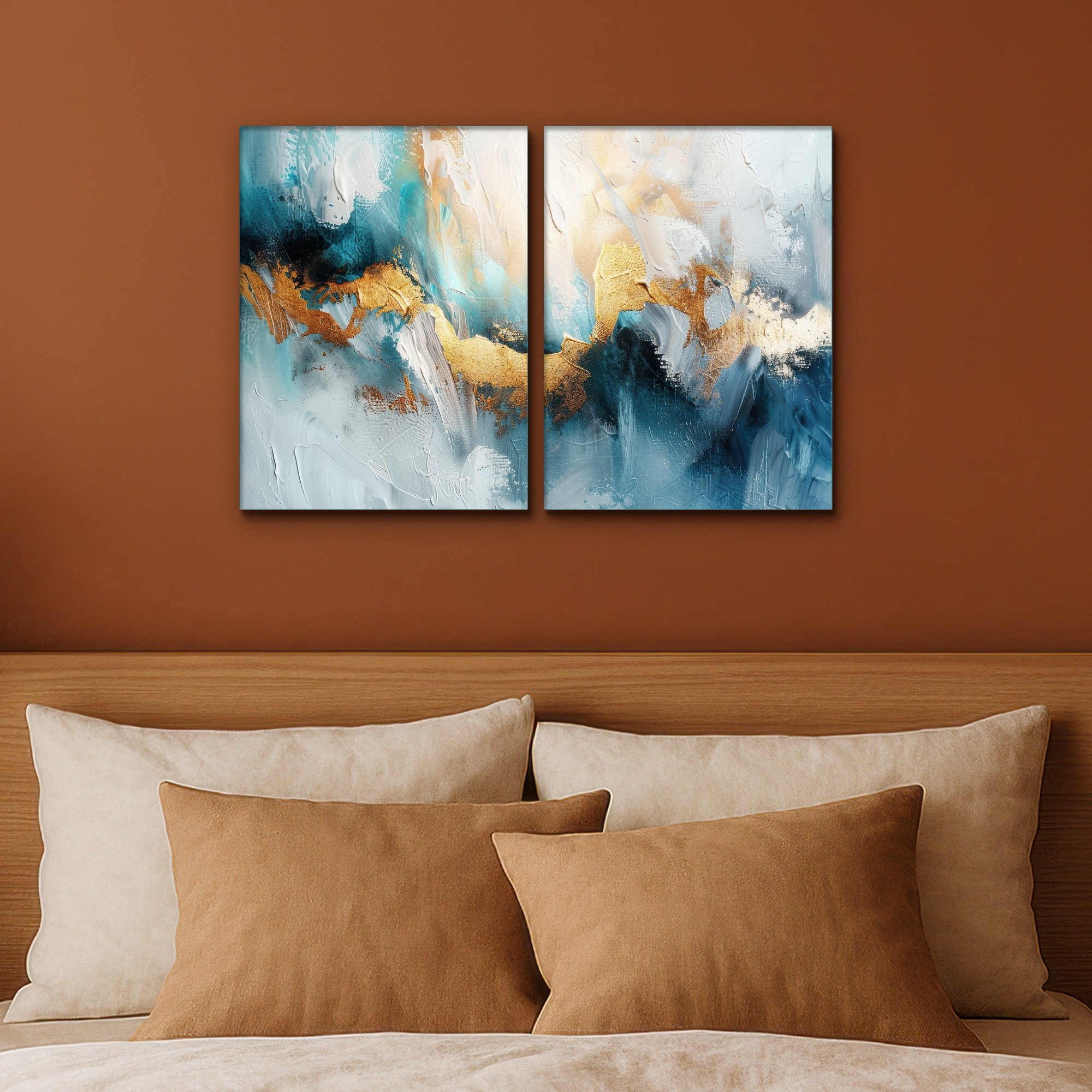 MuchoWow Leinwandbild Blau - Abstrakt - Weiß - Gold - Farbe, Fotodruck (2 St), Wand Bilder 2 Set, Deko Schlafzimmer Wohnzimmer Flur 60x40 cm – Bild 4 von 5