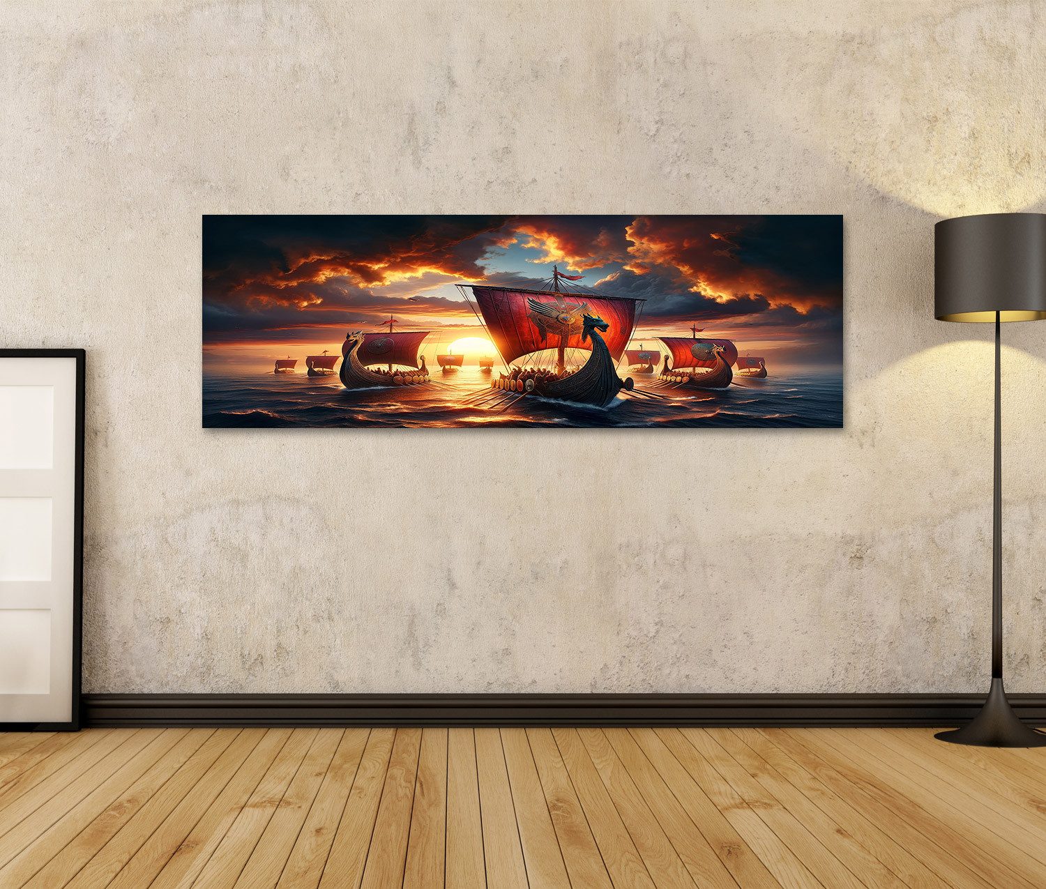 islandburner Leinwandbild Sonnenuntergangsflotte: Wikinger-Langschiffe bere günstig online kaufen