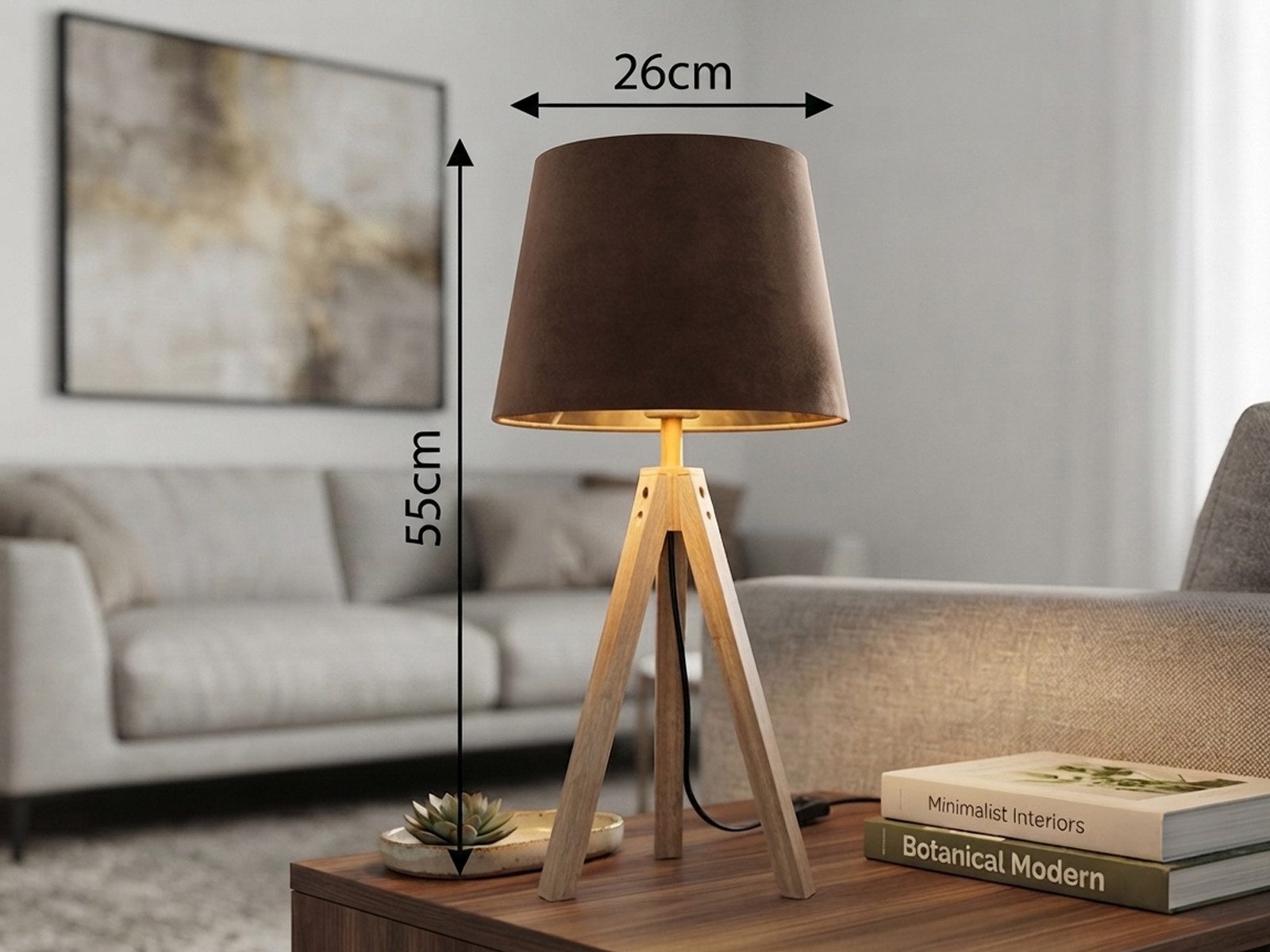 meineWunschleuchte Tischleuchte mit Holz & Samt Lampenschirm, Höhe 55cm, ohne Leuchtmittel, große Tischlampe skandinavisch, Beistelllampe mit E27 Stoffschirm – Bild 3 von 5
