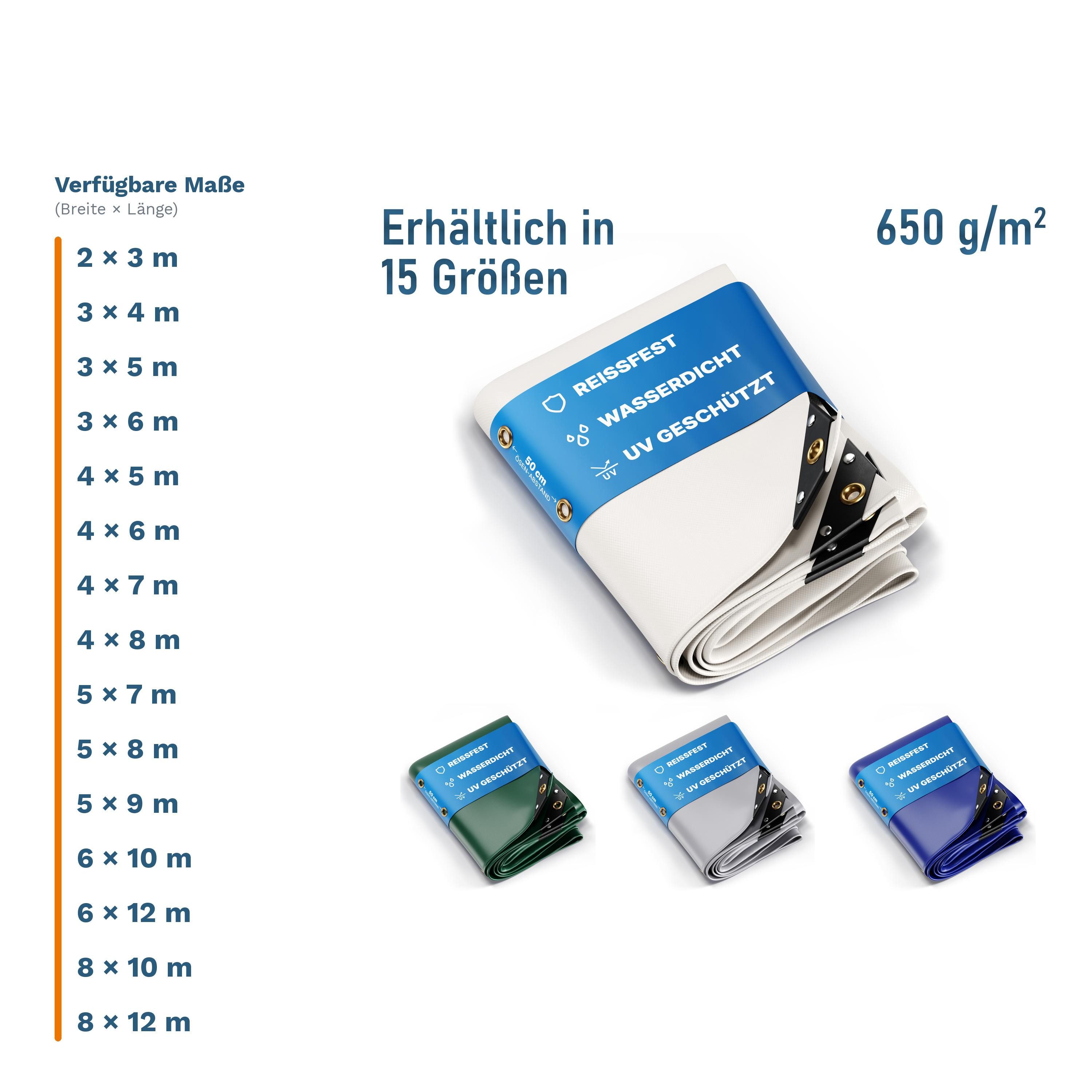 UMBRELLA Schutzplane 650 g/m² PVC Abdeckplane wasserdicht reißfest UV mit Messing-Ösen (Massiv statt billig: trotzt Sturm, Regen und Schnee im Dauereinsatz., Verschweißter Saum, verstärkte Ecken: spannt straff und reißt nicht), 4 Farben, 15 Größen: Ihre Plane passt garantiert. Auspacken, fertig.