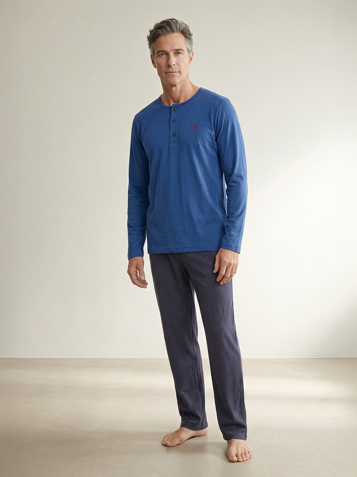 Henry Terre Pyjama Carlo langarm - zweifarbiges Set Hose Streifen Shirt Uni Knopfleiste