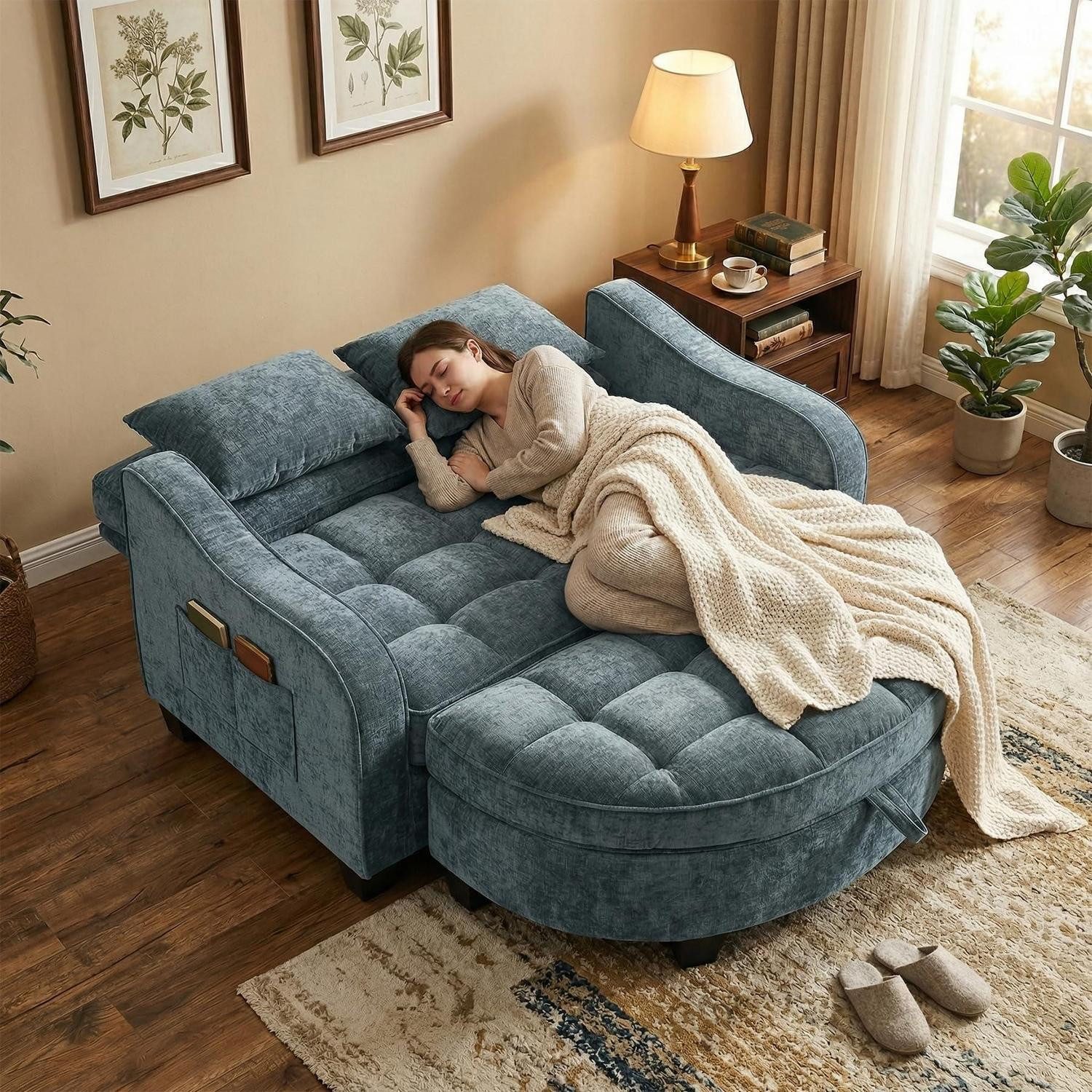 LuxusKollektion Schlafsofa Sofa Schlaffunktion Klein 132x129x93cm 2in1 Hocker Blau, Schlaf Couch