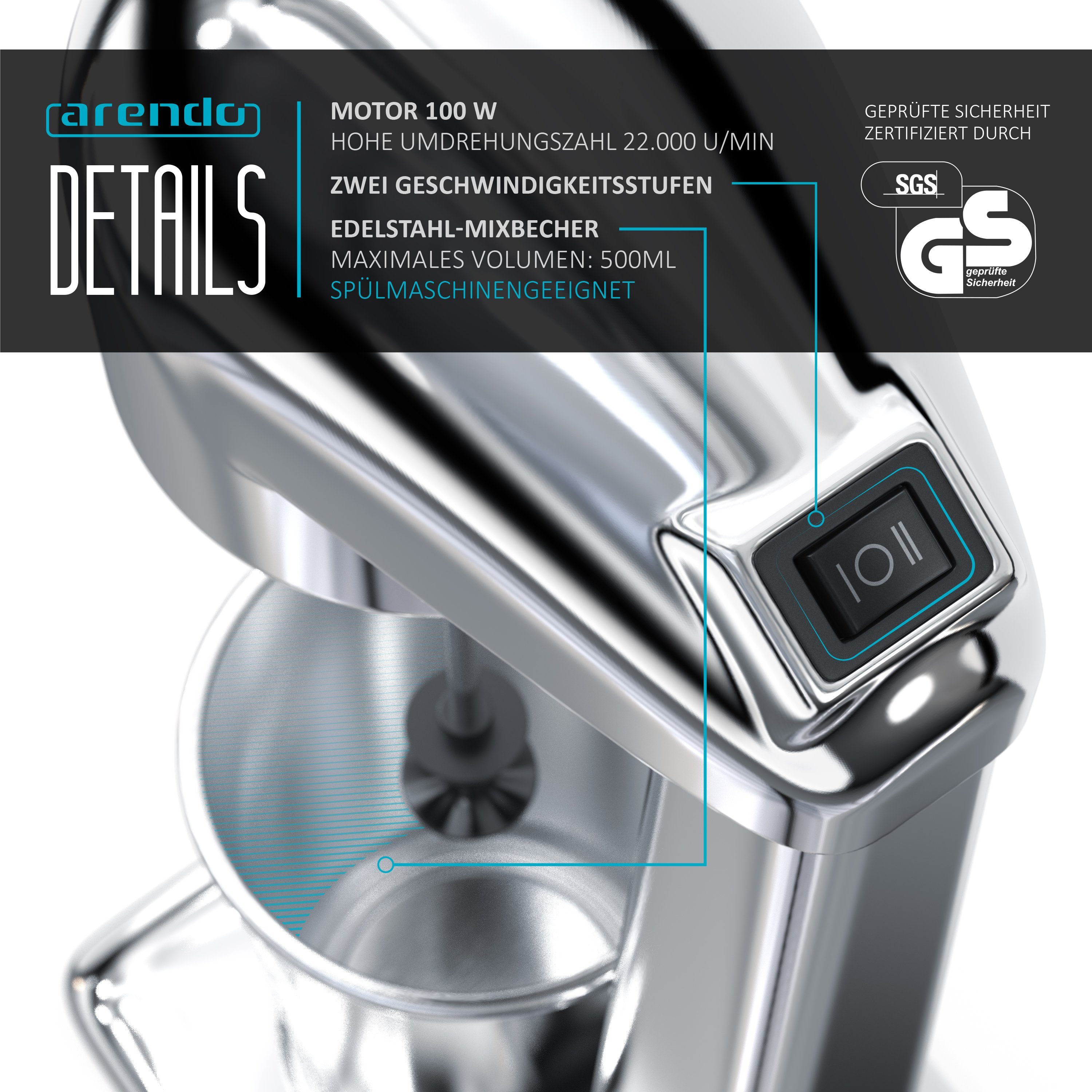 Arendo Standmixer Drink Mixer, elektrischer Getränkemixer, 500 ml Becher, 22.000 U/min, 100 W, Shaker für Protein Smoothies Eischnee Milchshakes Cocktails GS-Geprüft