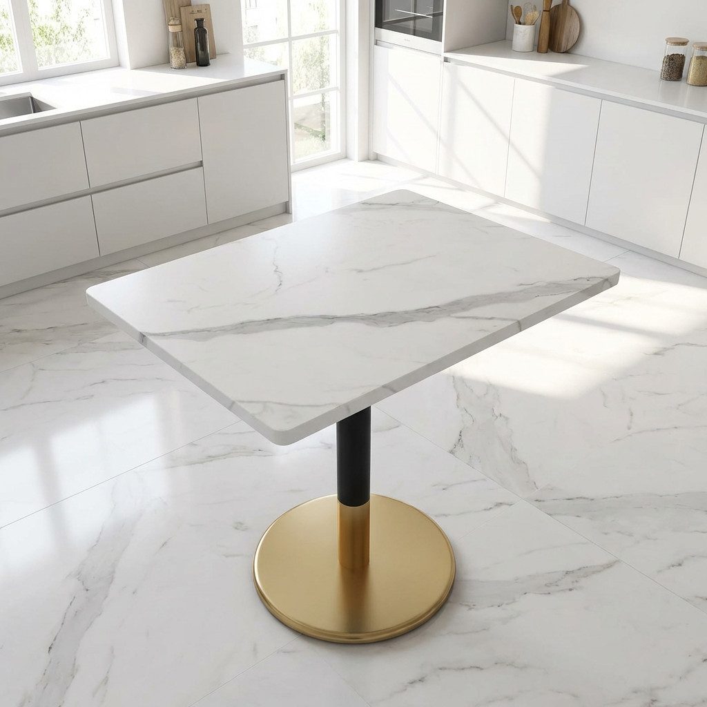 OKWISH Esstisch 80x60 cm Esstisch für 2 Personen in Weiß Marmoroptik mit Goldfuß (Packung, 1-St., aus MDF, Kleiner Küchentisch mit schwarzem Metallsäulenfuß), Besprechungstisch für Esszimmer, Küche, Büro & Meetingraum