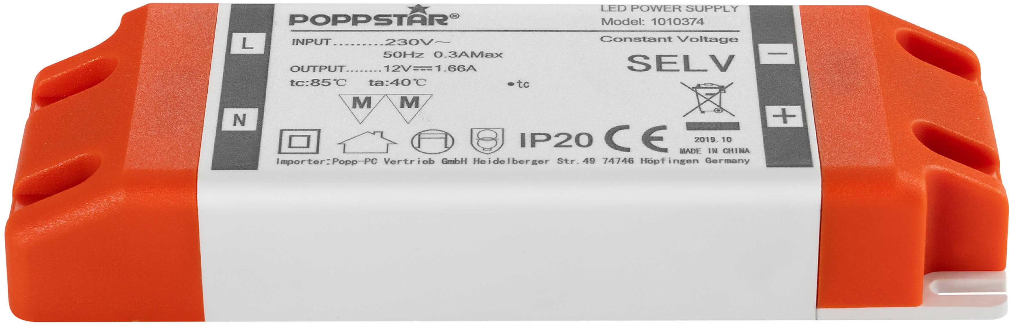 Poppstar LED Transformator 230V LED LED LED und bis 0,2 (für Strips, Bänder) Trafo Watt 20 Lampen LED 12V / AC 1,66A DC