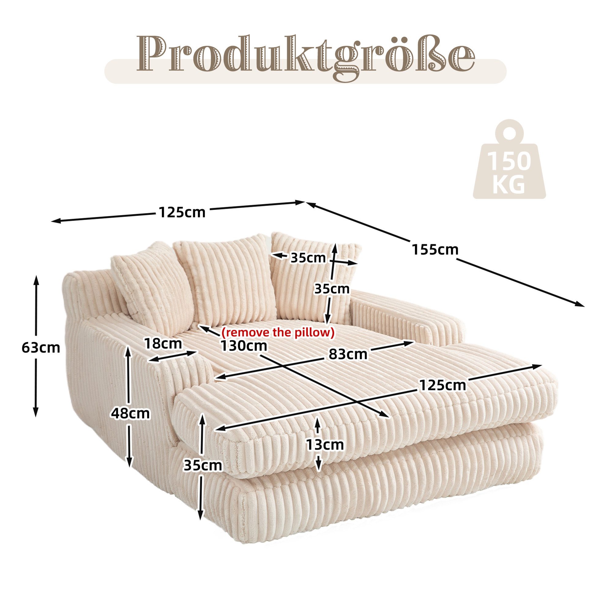 Celya Sofa Cord-Schlafsofa mit 3 Kissen,Bequemes Einzelsitz-Bodensofa,Loungesofa, fur Wohnzimmer, Büro & Wohnung,Beige – Bild 2 von 5