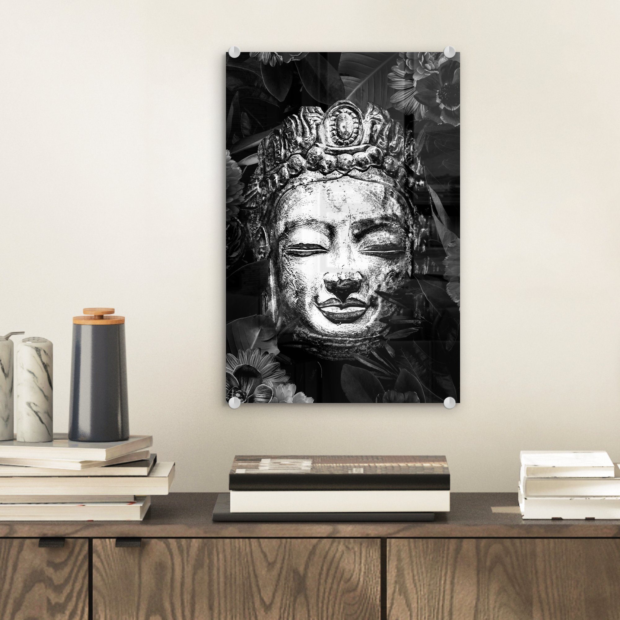 auf - Glas St), bunt auf MuchoWow weiß, und Wandbild - Blättern Kopf (1 eines mit - Acrylglasbild Foto Bilder Blumen Wanddekoration Rauher Buddhas - und schwarz Glas Glasbilder