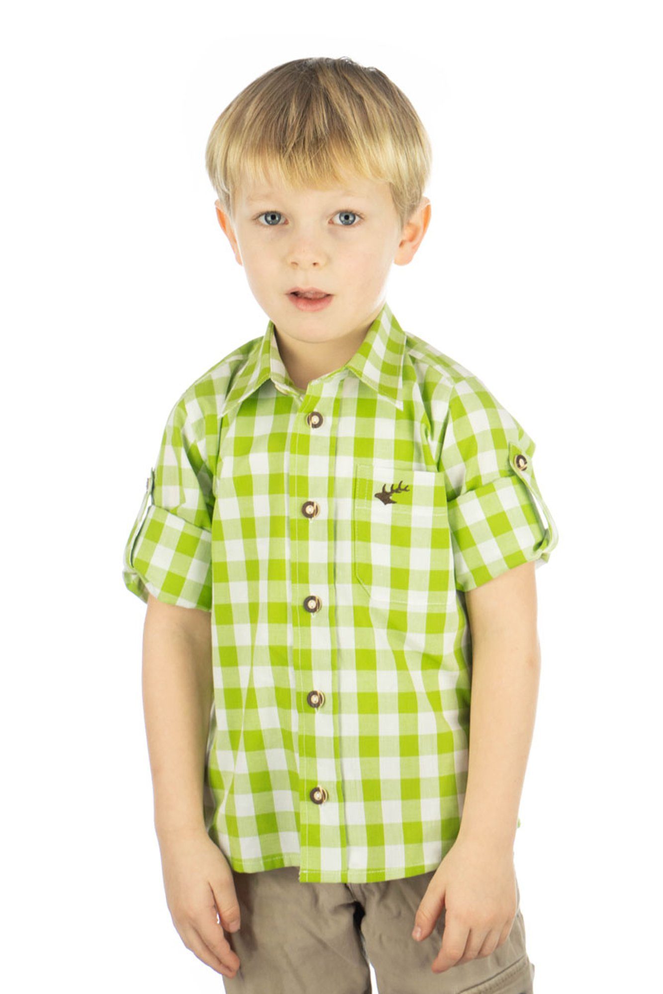 Hemd Brumtu der Langarm giftgrün Jungen mit Trachtenhemd auf OS-Trachten Hirsch-Stickerei Brusttasche