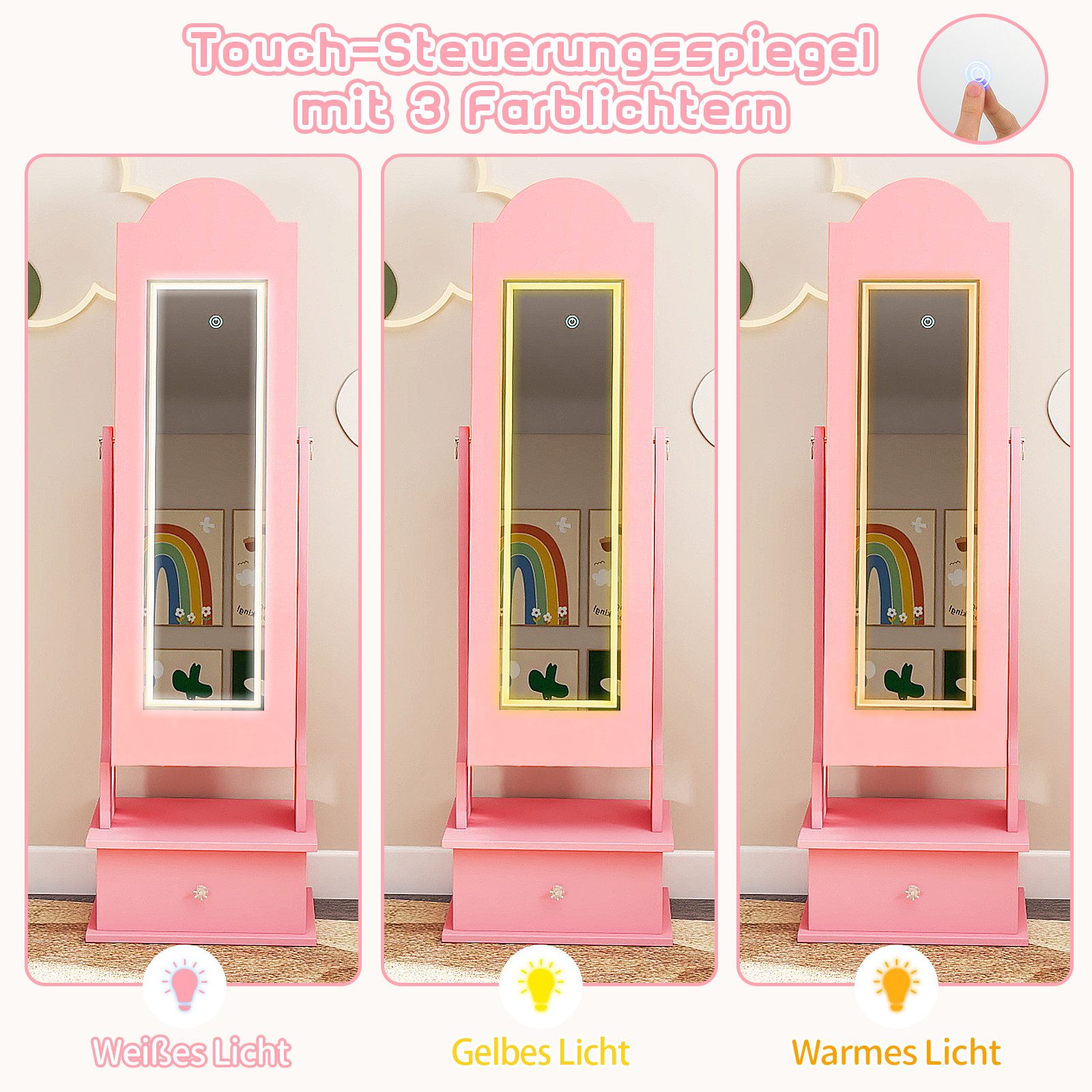 COSTWAY Schmuckschrank Kinder Schmuckkommode mit Beleuchtung & Spiegel