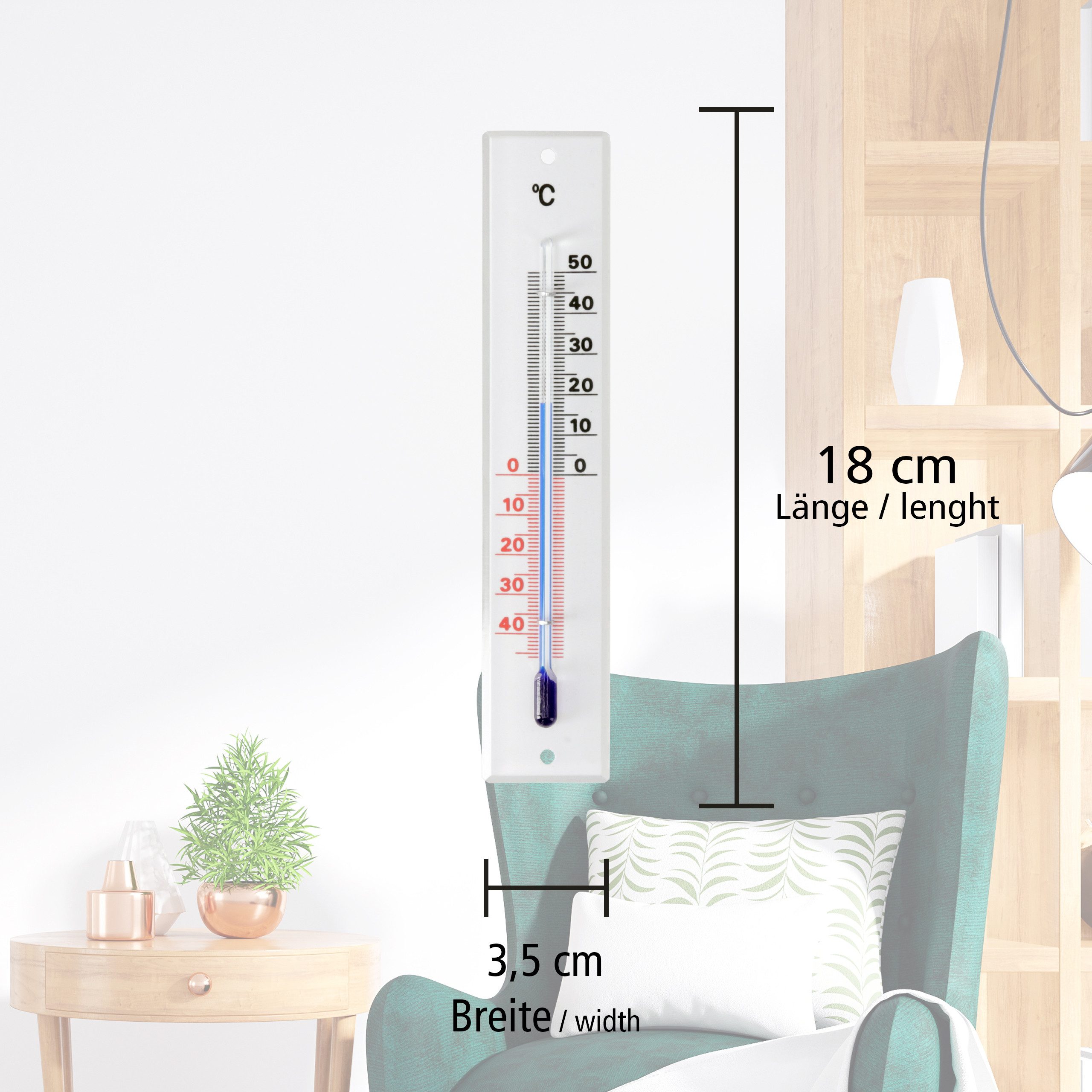 Lantelme Raumthermometer Glas Farbe weiß 18cm für Zimmer Innen Außen Garten Thermometer Analog, Zum aufhängen, Deutsche Herstellung