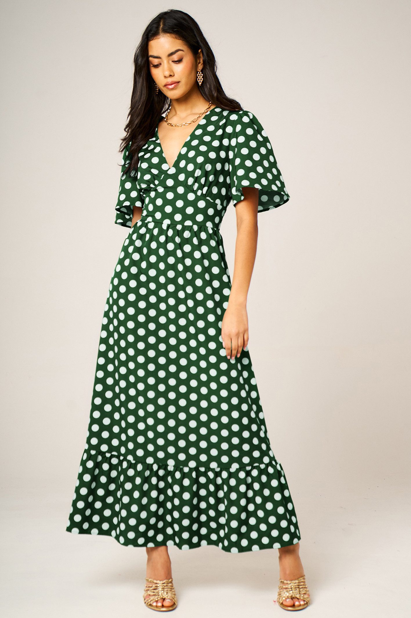 FS Collection Maxikleid Damen Maxikleid Sommerkleid Freizeitkleid Wickeloptik Gepunktet Wickeloptik, Punkte-Muster, Volantsaum, betonte Taille