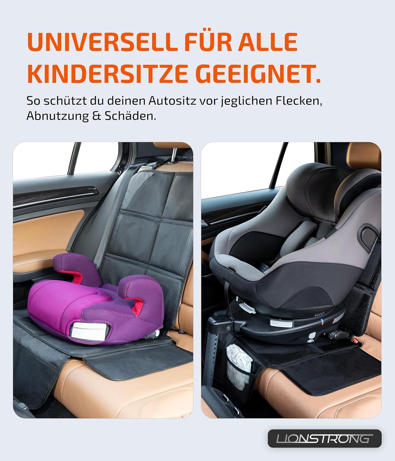 LIONSTRONG Kindersitzunterlage Premium, Autositzschoner [ISOFIX GEEIGNET], wasserabweisender Polyester Stoff, Sitzschutz Sitzschoner Auto Kindersitz - universell kompatibel
