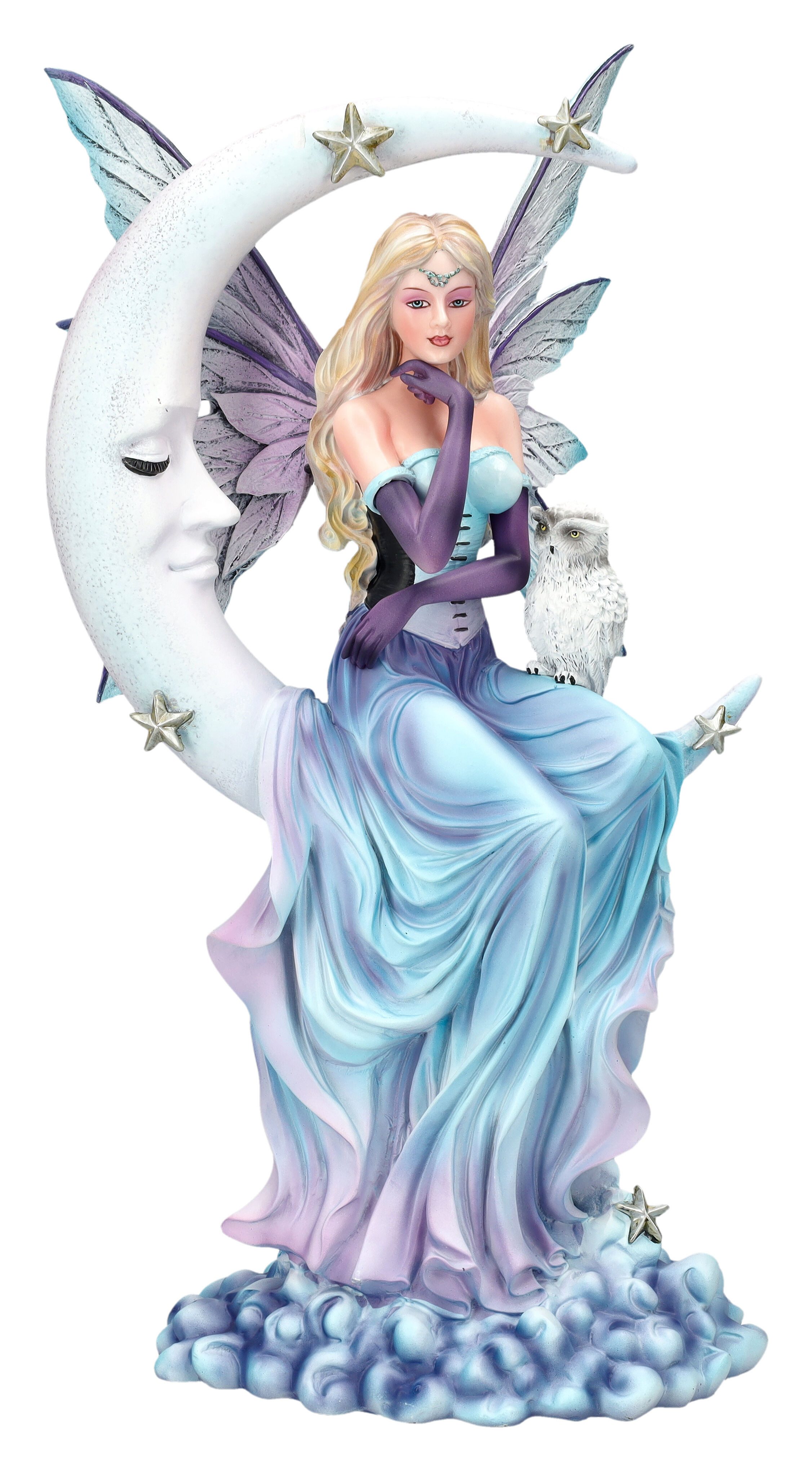 Figuren Shop GmbH Fantasy-Figur Elfenfigur - Wächterin der Träume auf Mond - Feefigur Dekoration Eule