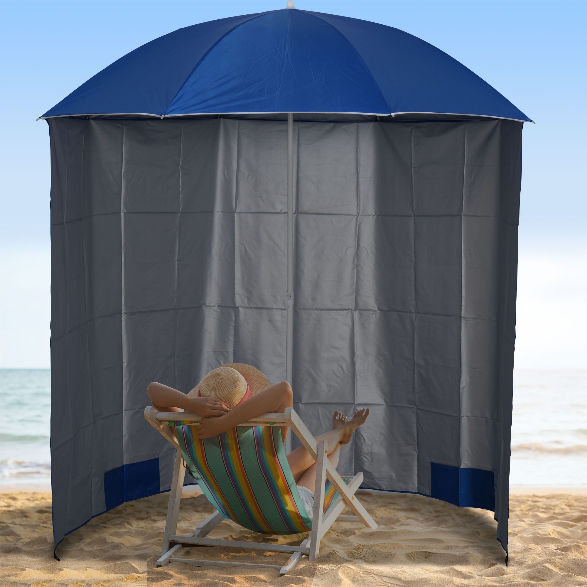 Outsunny Sonnenschirm Sonnenschutz mit Seitenwand, Strand,Polyester, Blau, LxB: 220x220 cm, Sonnenschutz, Strandschirm, Φ2,2 x H2,2m