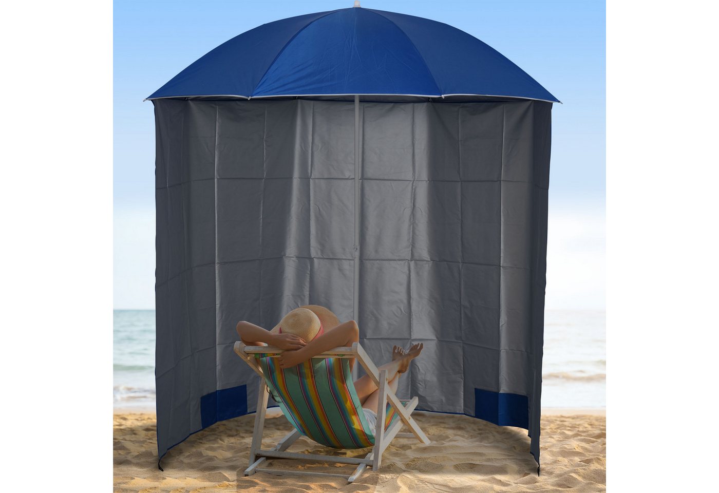 Thumbnail - Outsunny Sonnenschirm Sonnenschutz mit Seitenwand, Strand,Polyester, Blau, LxB: 220x220 cm, Sonnenschutz, Strandschirm, ...