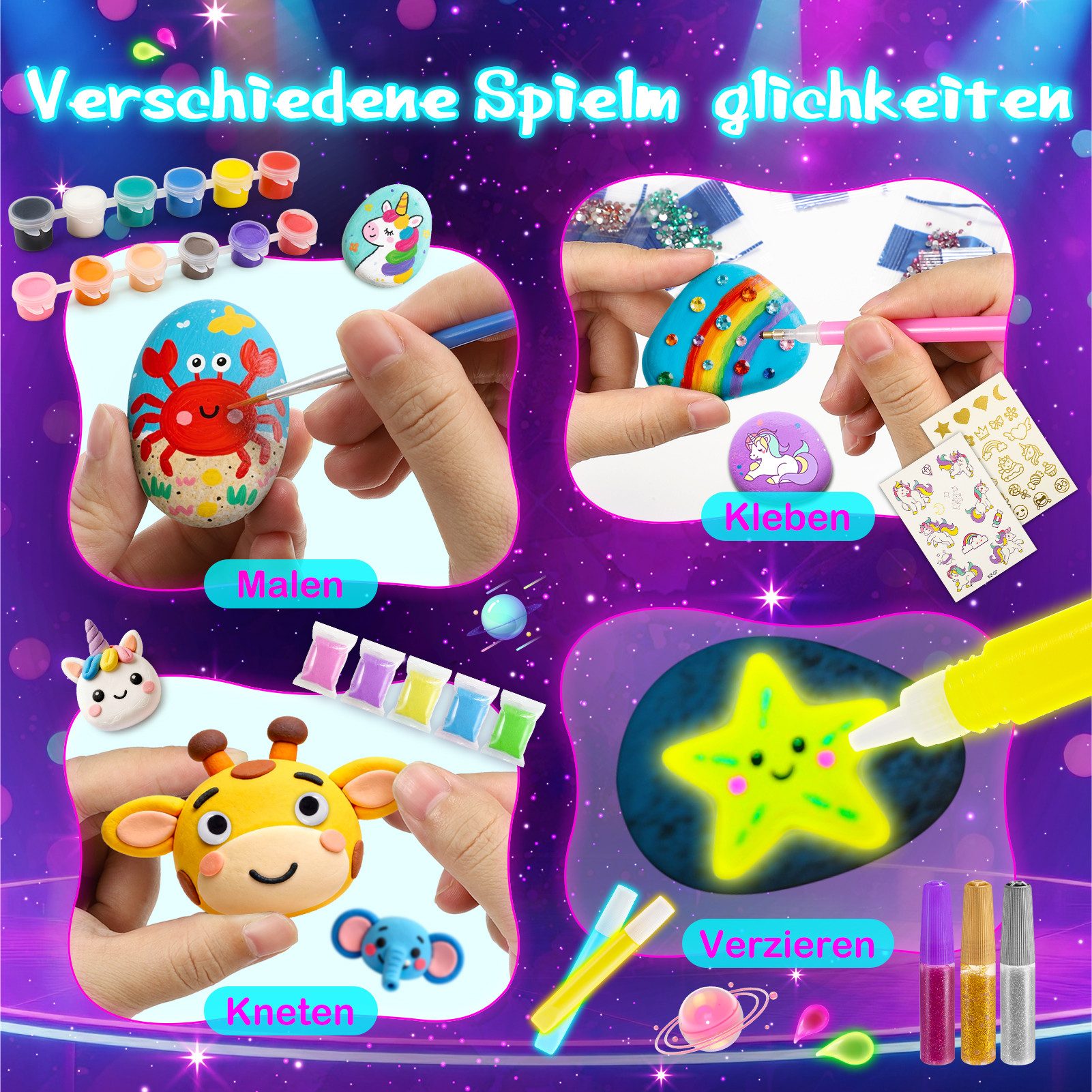 Wootoy Kreativset Steine-Bemalset Experimentierkasten Bemalen DIY Set mit 12 Malsteinen, (Leuchtfarben Metallicfarben Glitzerkleber Wackelaugen und Pinseln, 12-tlg., Leuchtfarben erzeugen Effekte Kunstwerke im Dunkeln strahlen), Ideal für Schulprojekte Bastelnachmittage kreative Gruppenaktivitäten