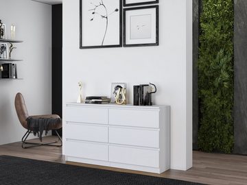 Home Collective Kommode weiß, Schlafzimmer Flur, Schrank, Sideboard, Highboard mit sechs Schubladen, Breite 140 cm Höhe 75cm