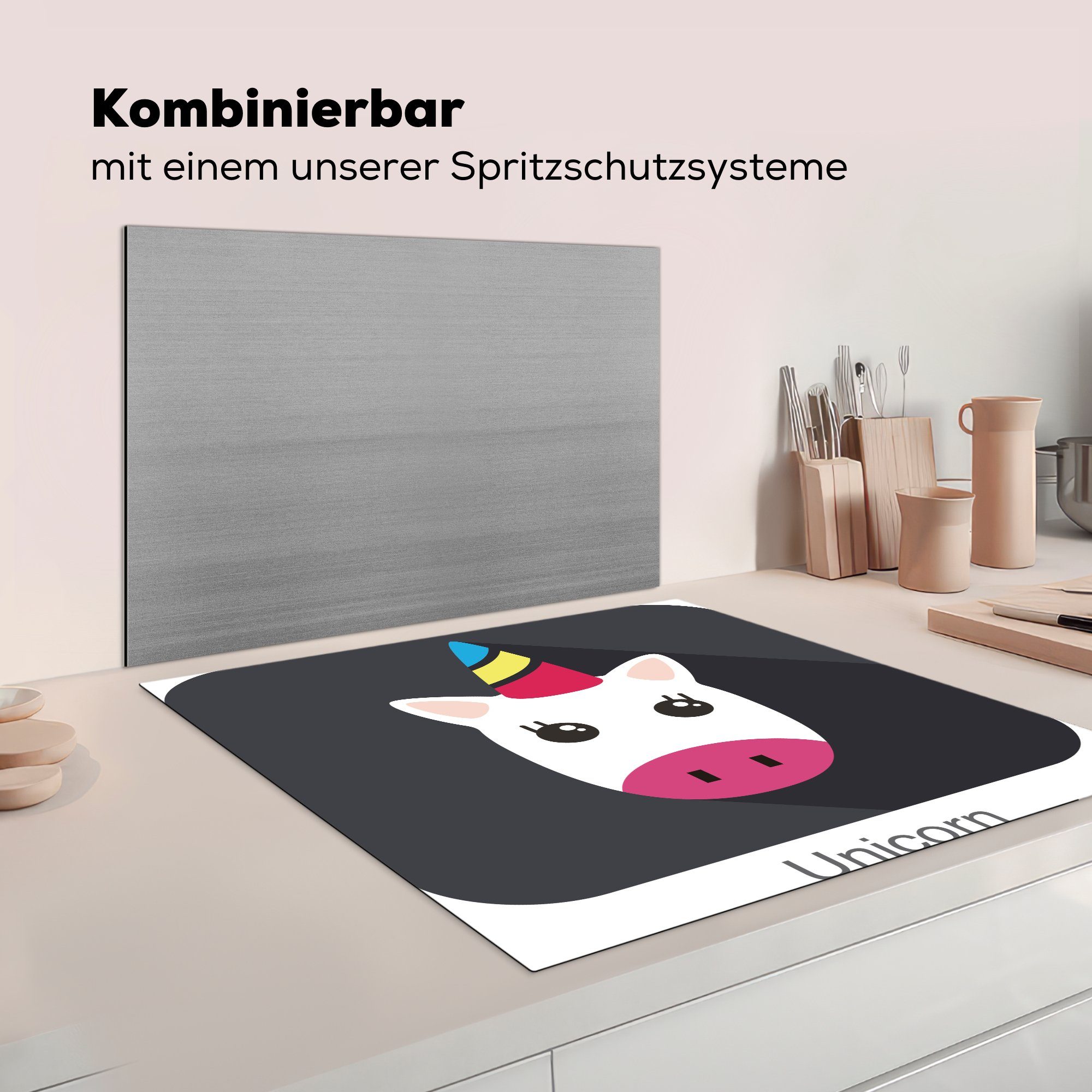 Illustration, Logo für Arbeitsplatte Vinyl, cm, 78x78 Herdblende-/Abdeckplatte küche Ceranfeldabdeckung, (1 Kinder tlg), MuchoWow Einhorn