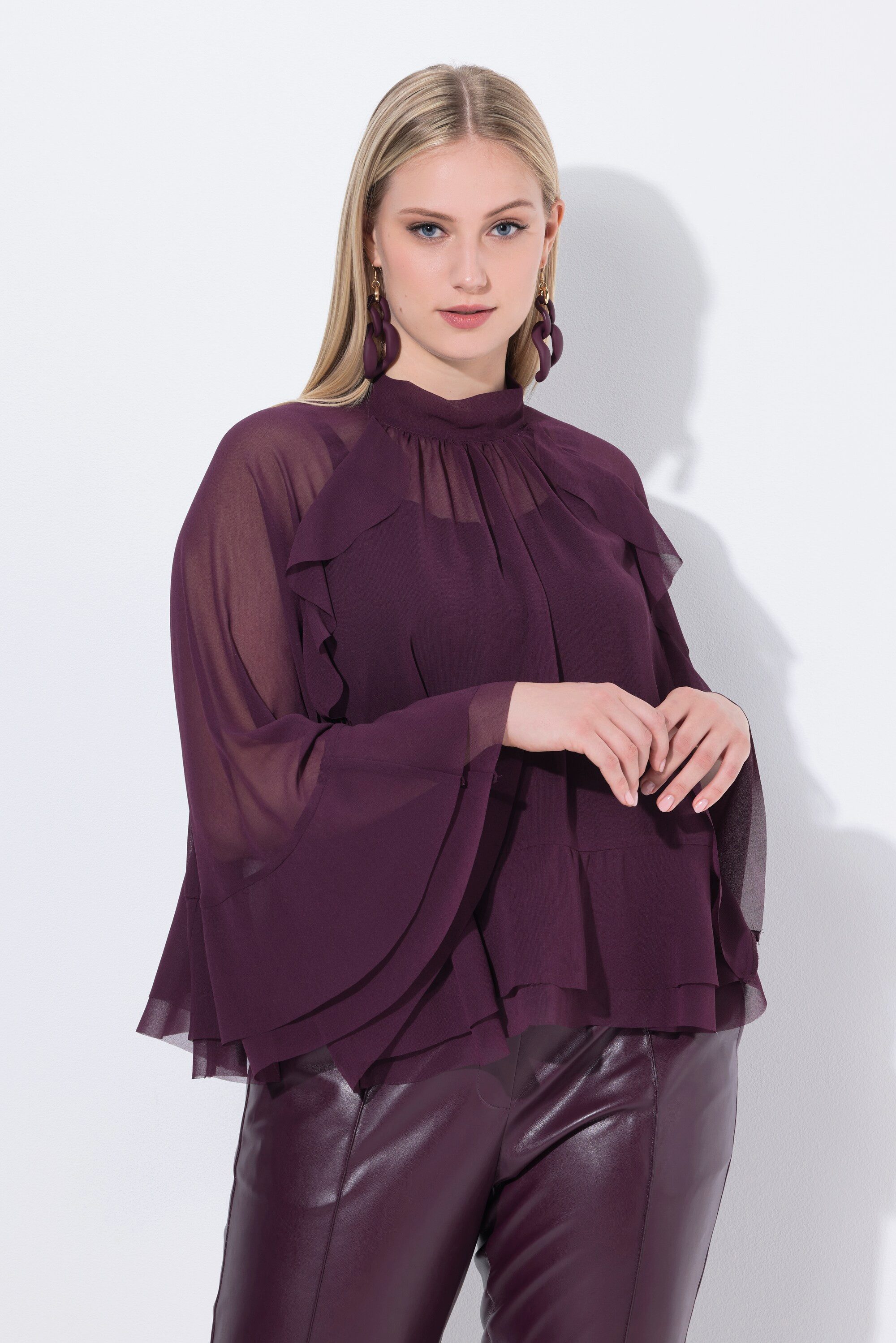 Ulla Popken Longbluse Cape-Bluse Chiffon Stehkragen günstig online kaufen