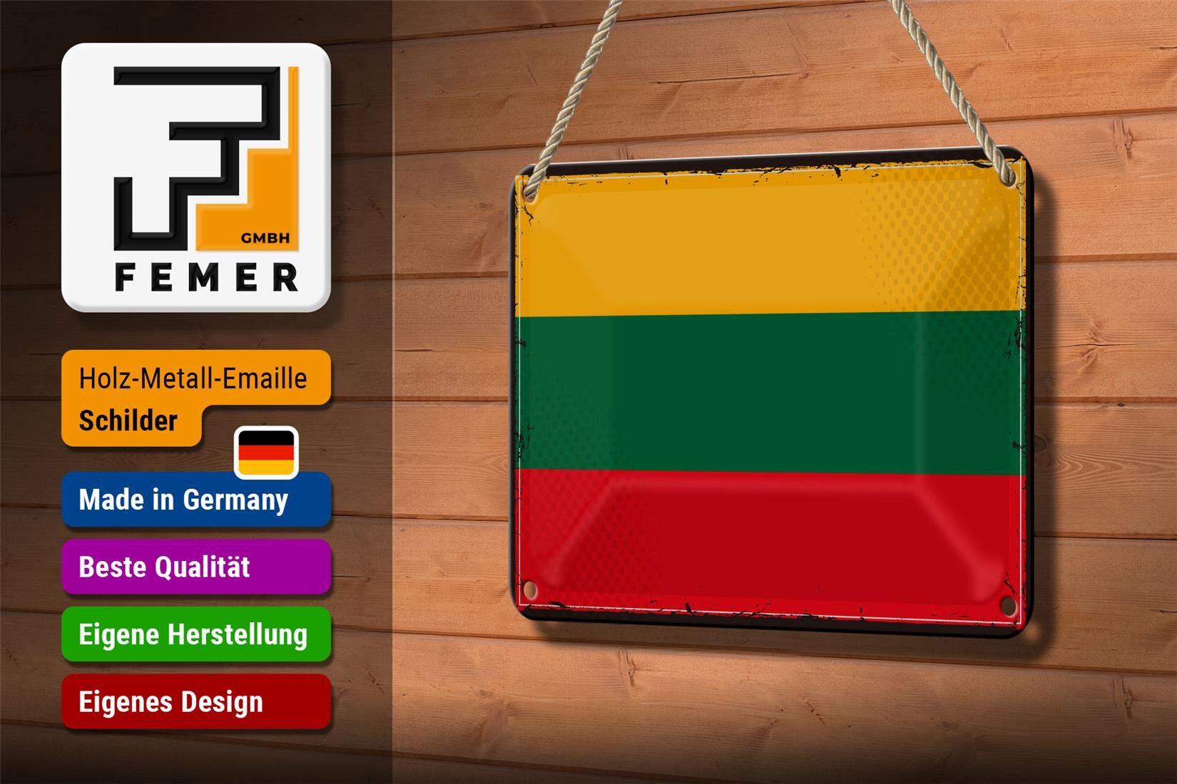 Femer GmbH Metallschild Flagge Litauens 18x12cm Retro Flag of Lithuania, (1 St), gewölbte Oberfläche, abgerundete Ecken, umgeschlagene Kanten