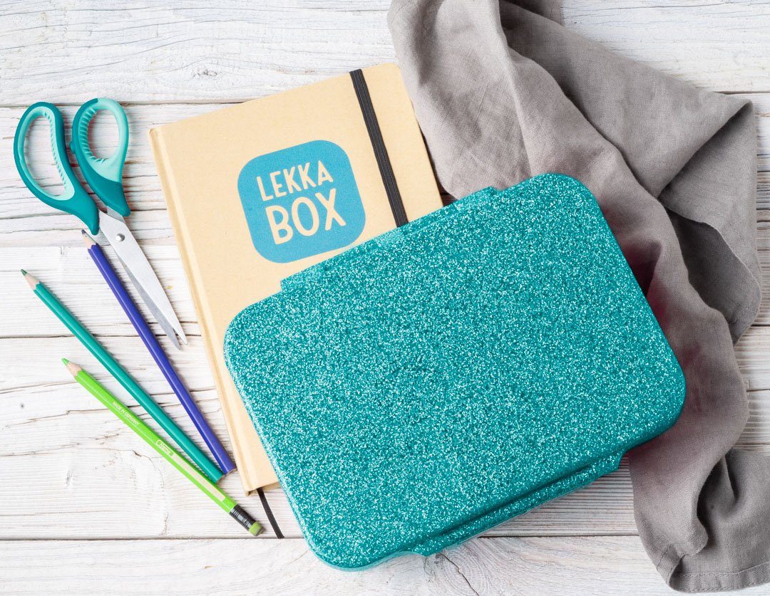 LEKKABOX Lunchbox Glitzer Brotdose, 4 Fächer - Kinder Bento Box Vesperdose Brotbox, Für feuchte Lebensmittel auslaufsichere Bento Box, inkl. extra Trenner