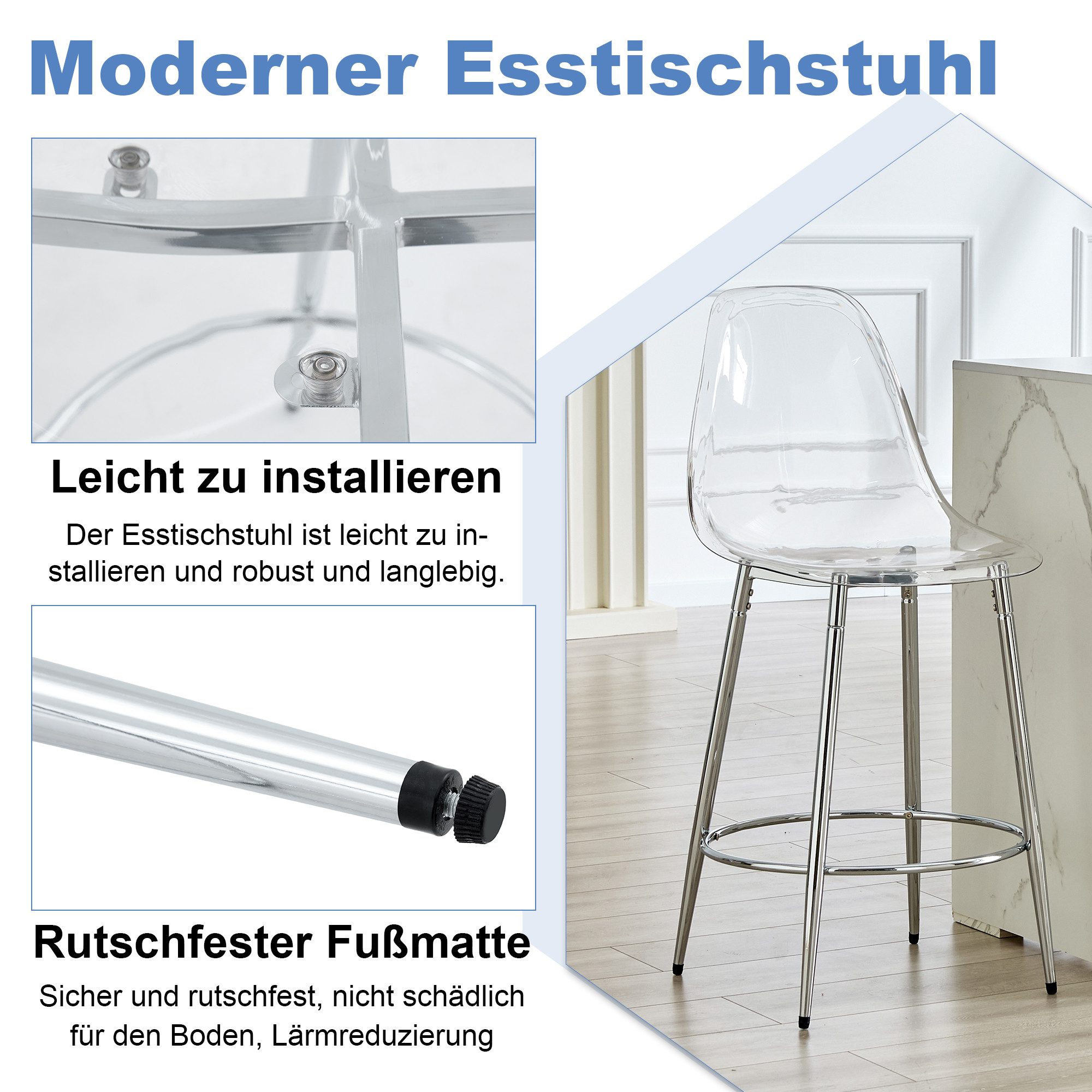 Totnz Barhocker 2er-Set transparente Barhocker mit schwebendem Design (ergonomisch, pflegeleicht, X-förmiges Metallgestell, rutschfest, Fußablage), für Küche & Theke