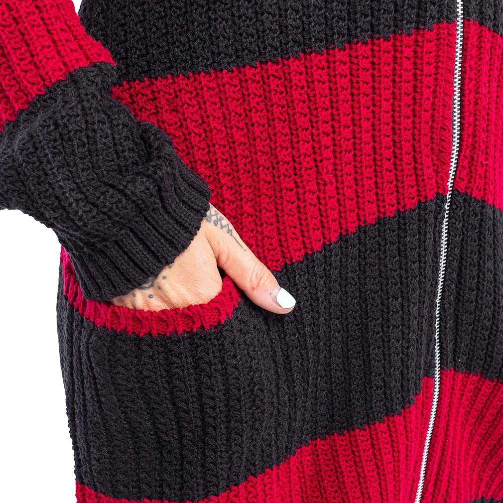 Poizen Industries Strickjacke Esther Cardigan Schwarz-Rot Gestreift Punk Gothic
