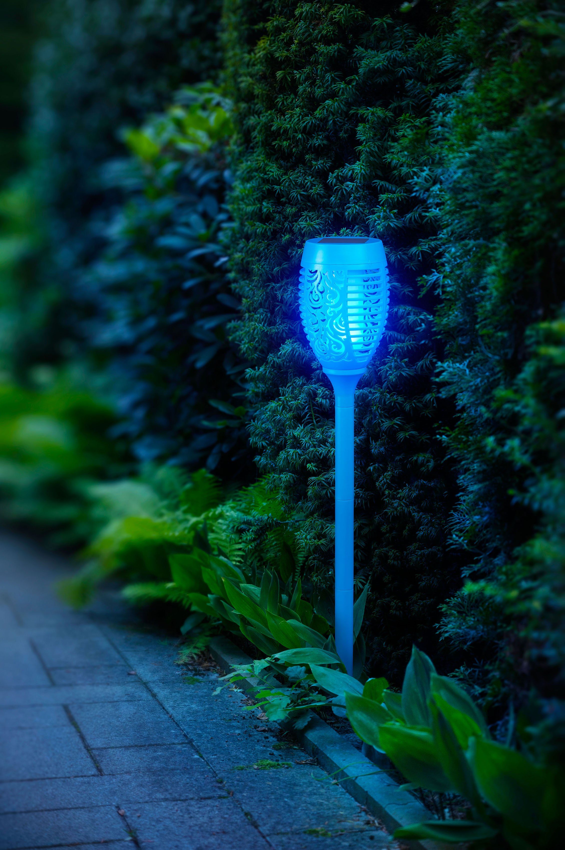 BONETTI realer integriert, Gartenfackel, Solar türkis fest Flamme LED mit LED LED Tageslichtsensor, Gartenfackel