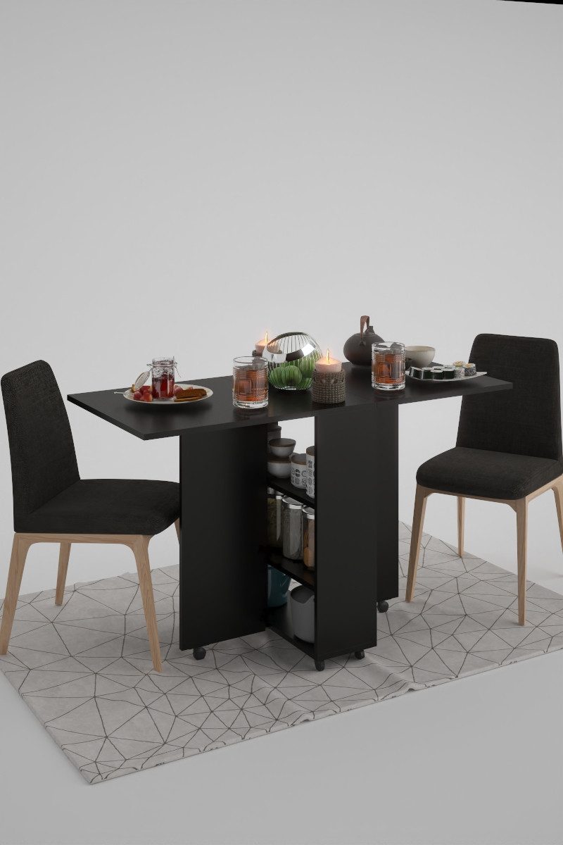 Moblix Klapptisch "JEY", Esstisch, Küchentisch, Klappbar für kleine Räume (Freistehend, 140/60/75 cm), mit Ablagen in der Mittelkonsole, Mobil mit Rollen