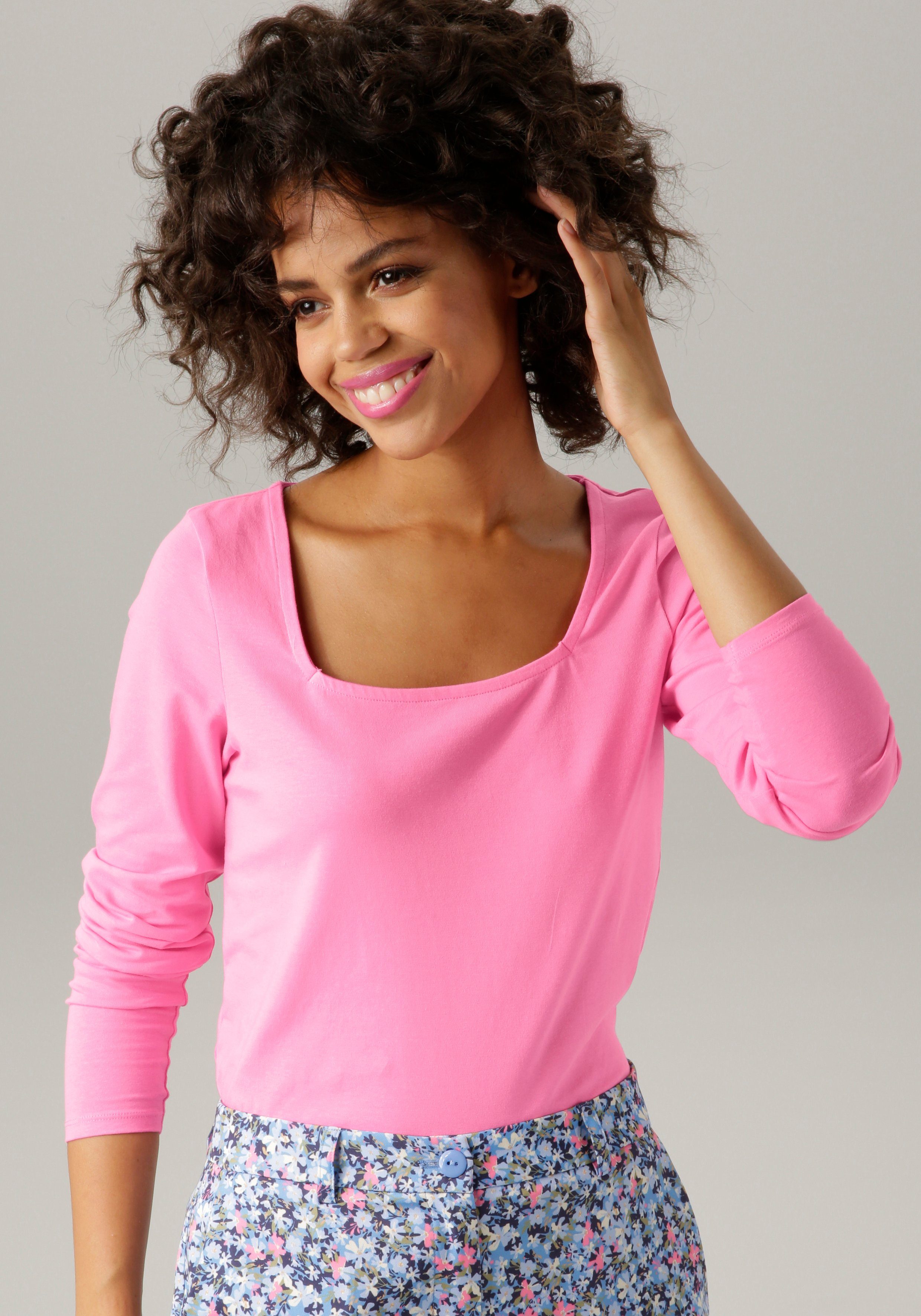Langarmshirt CASUAL Aniston Karree-Ausschnitt pink mit