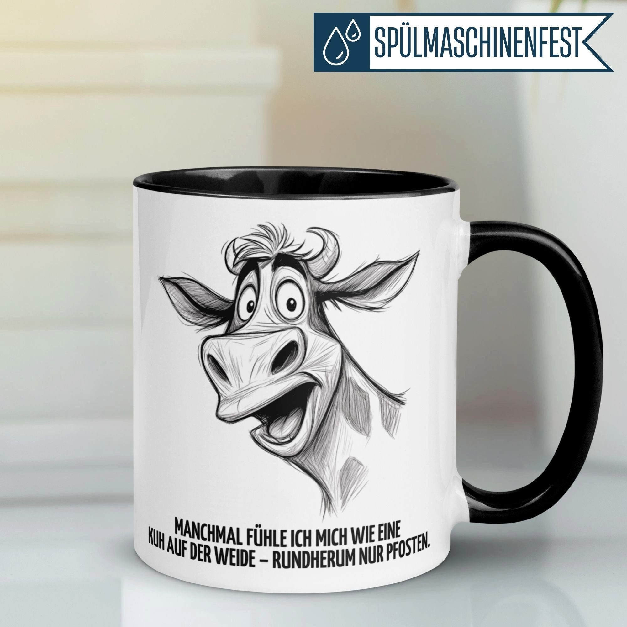 Momentals Tasse Kuh – „Wie eine Kuh auf der Weide“ – lustiger Kuh Geschenk Becher, Gratis Versand · Links-&Rechtshänder · Spülmaschinenfest