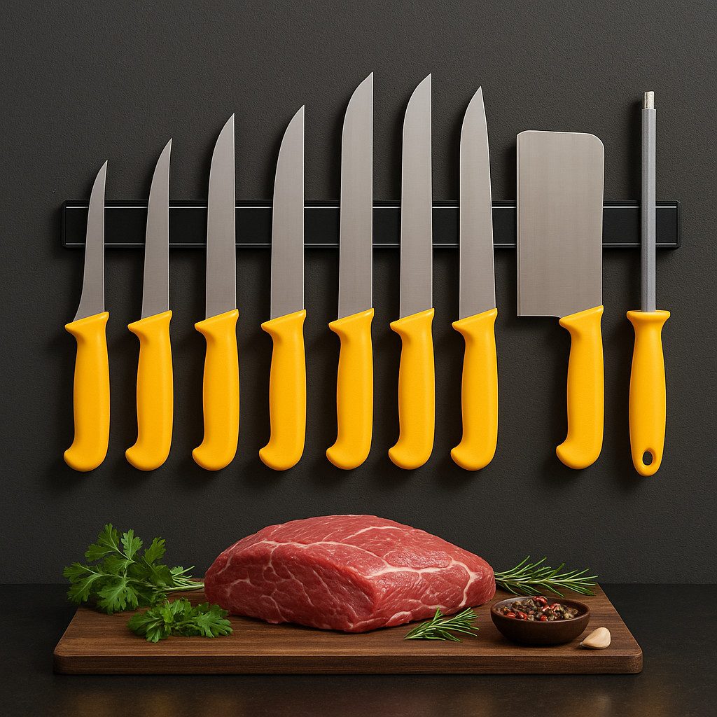 HOOZ Messer-Set Profi Fleischermesser 10-teilig mit Wetzstahl Ausbeinmesser Hackbeil (10-tlg), Magnetstreifen für ordentliche und griffbereite Aufbewahrung