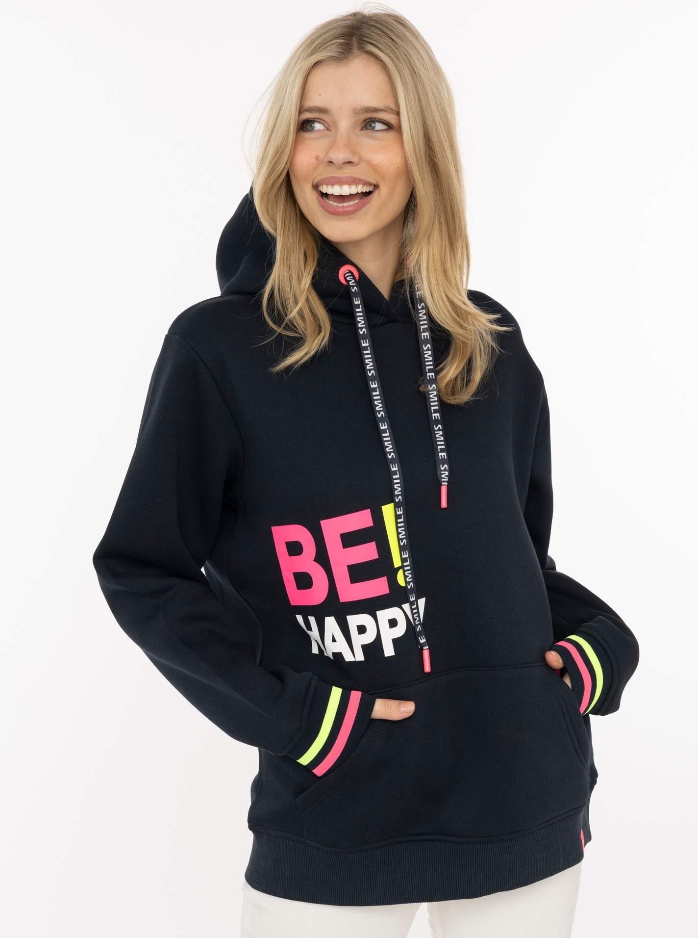 Zwillingsherz Hoodie "Be Happy!" gestreifte Bündchen, Aufdruck auf Brust, Kapuze, Kängurutasche