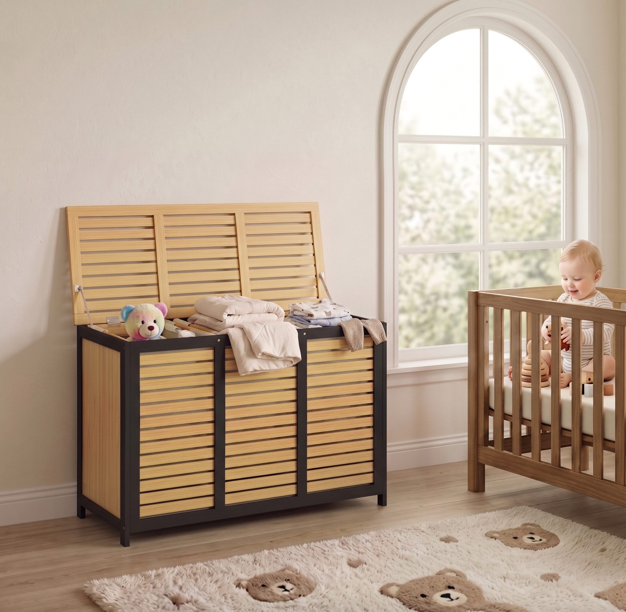 AdelDream Wäschekorb 150L Großer Wäschesammler 3 Fächer Gestreiftes Design