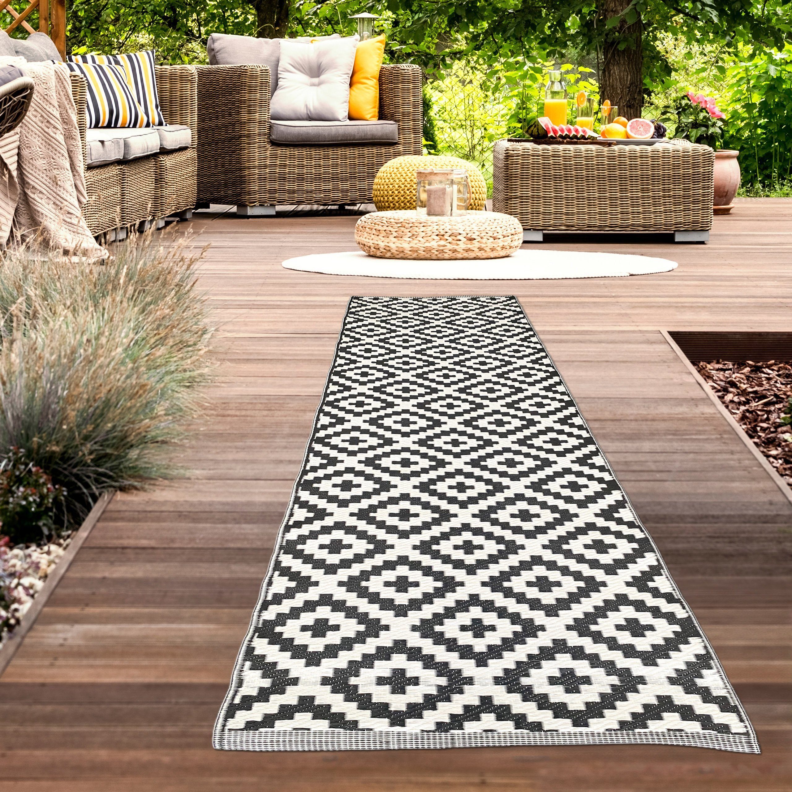 Outdoorteppich Strapazierfähiger Ethno-Outdoor-Teppich in schwarz weiß, Carpetia, rechteckig