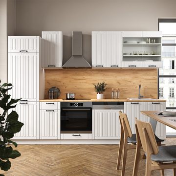 Livinity® Küchenzeile Fame-Line, Weiß Landhaus/Weiß, 300 cm, AP Marmor