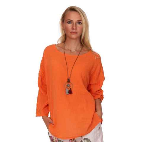 Charis Moda Tunika Tunika Bluse Langarm zum Krempeln unifarben mit Modeschmuckkette