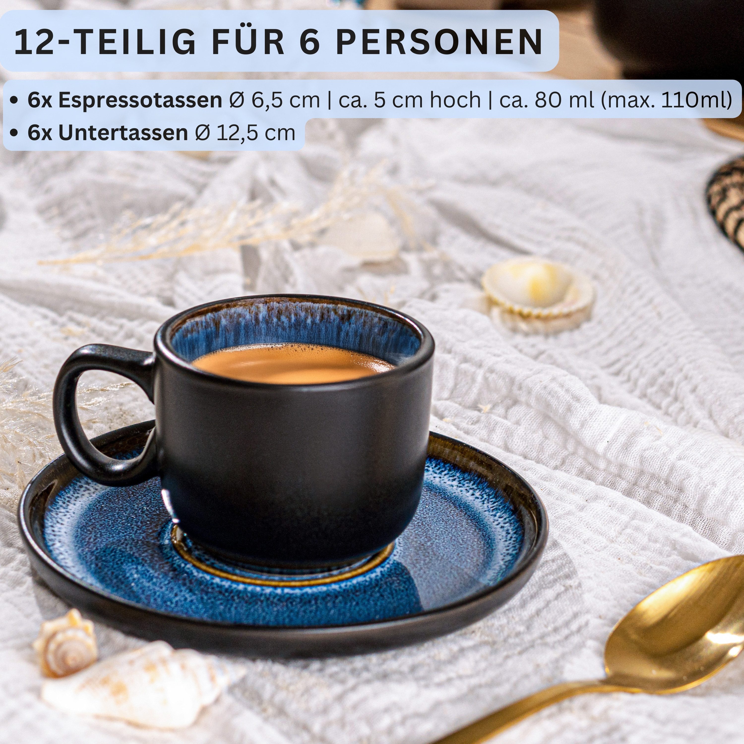 SÄNGER Espressotasse Aruba 12 tlg., 8-tlg., Steingut, Blau-Schwarz, Handmade, Erweiterbar, VALUE COLLECTION