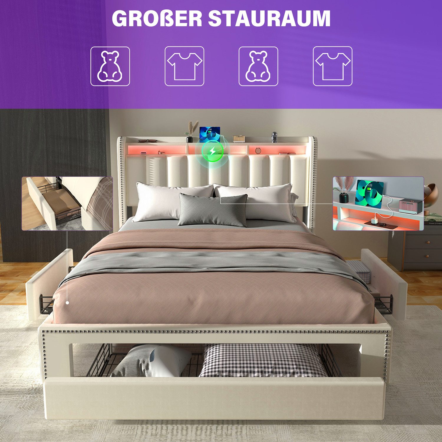 oyajia Polsterbett LED-Beleuchtung Doppelbett 140x200cm mit Ladefunktion und 3 Schubladen (Mit Lattenrost und Ladefunktion, Samt materia Polsterbett), Funktionsbett Stauraumbetten Jugendbett Bettgestell Leises Design Bett