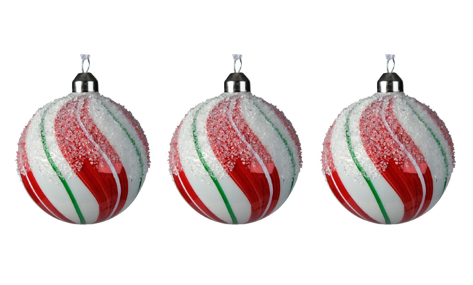 Kaemingk Weihnachtsbaumkugel, Weihnachtskugeln Glas 8cm mit Streifen Muster 3er Set weiß / rot