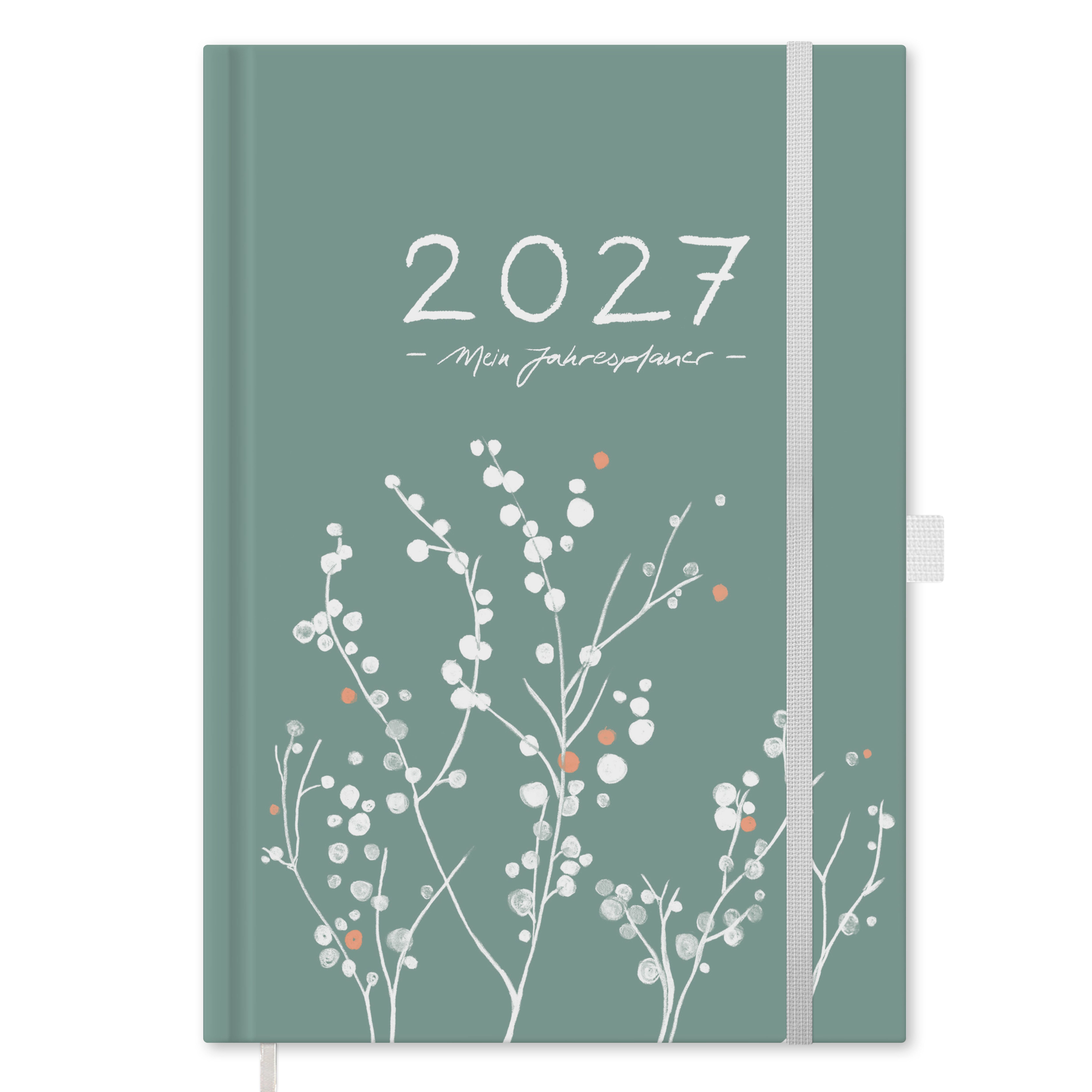 Eine der Guten Verlag Terminkalender Terminplaner 2027 - A5, mint grün, 1 Doppelseite / Woche, FSC-Papier, Hardcover, Gummiband, Stiftschlaufe