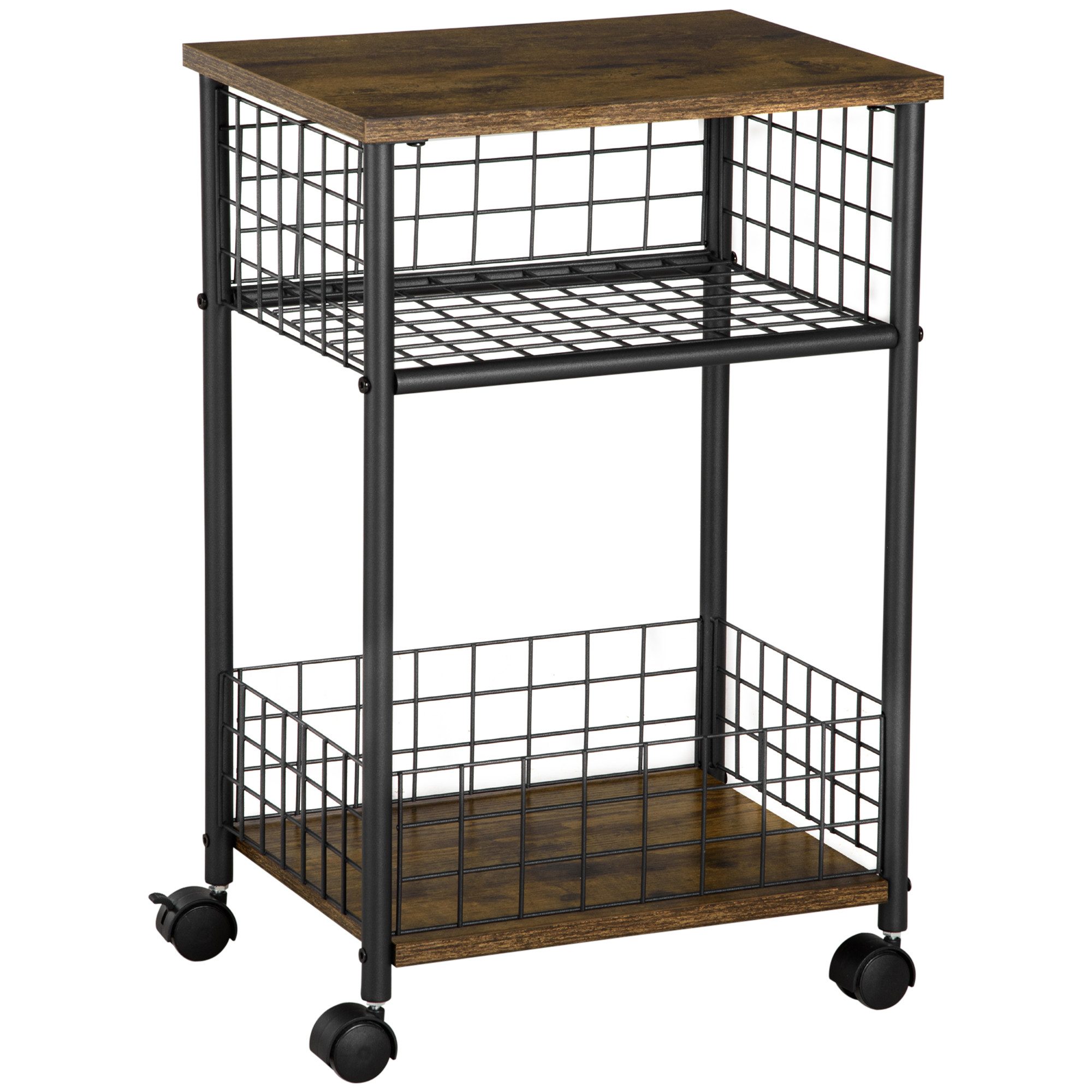 HOMCOM Servierwagen Küchenwagen Rollwagen mit 3 Ebenen und 2 Aufbewahrungskörben, (Küchenrollwagen, 1 St., Küchentrolley), Rustikal-Braun 40 x 30 x 62 cm – Bild 2 von 5